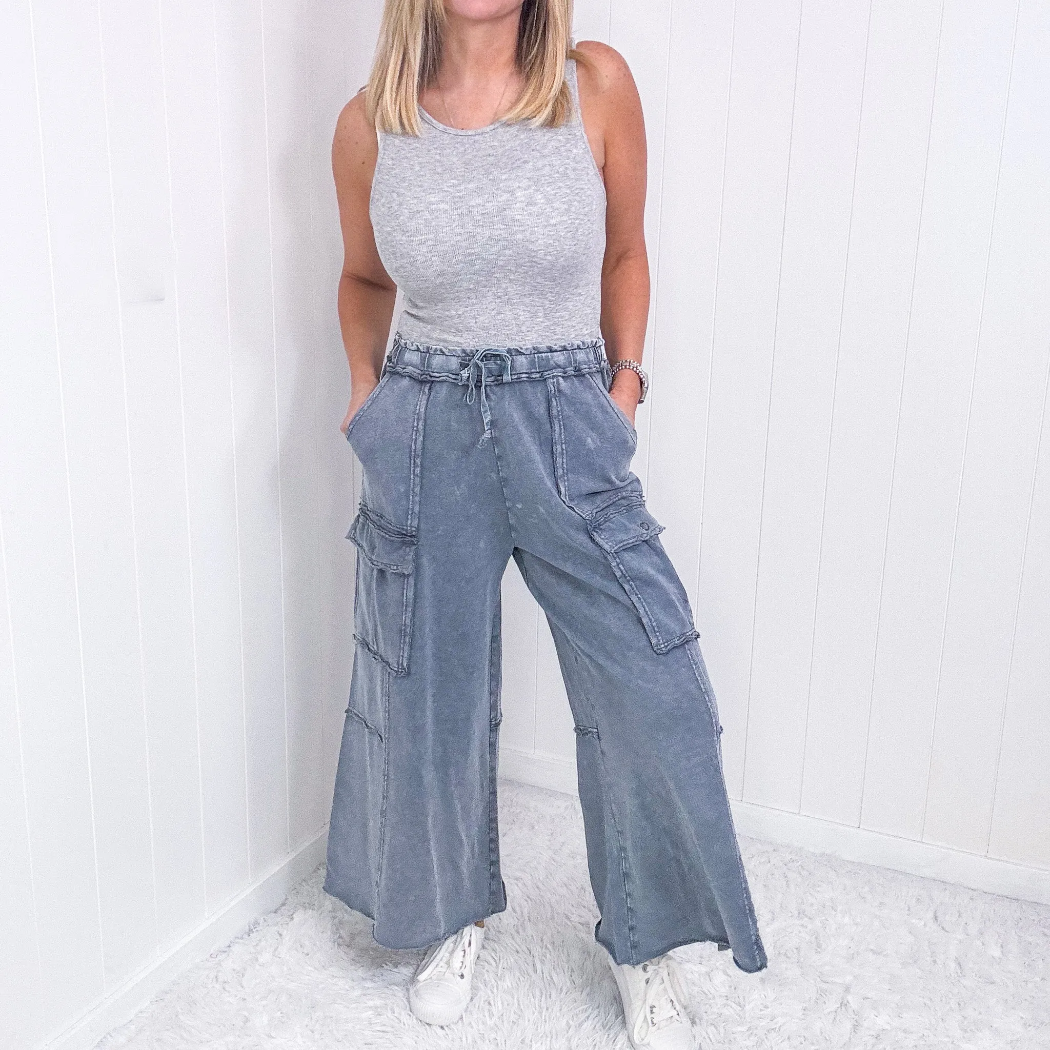 Feeling Good Cropped Relaxed Mineral Washed Wide Leg Cargo Pants in 8 Colors