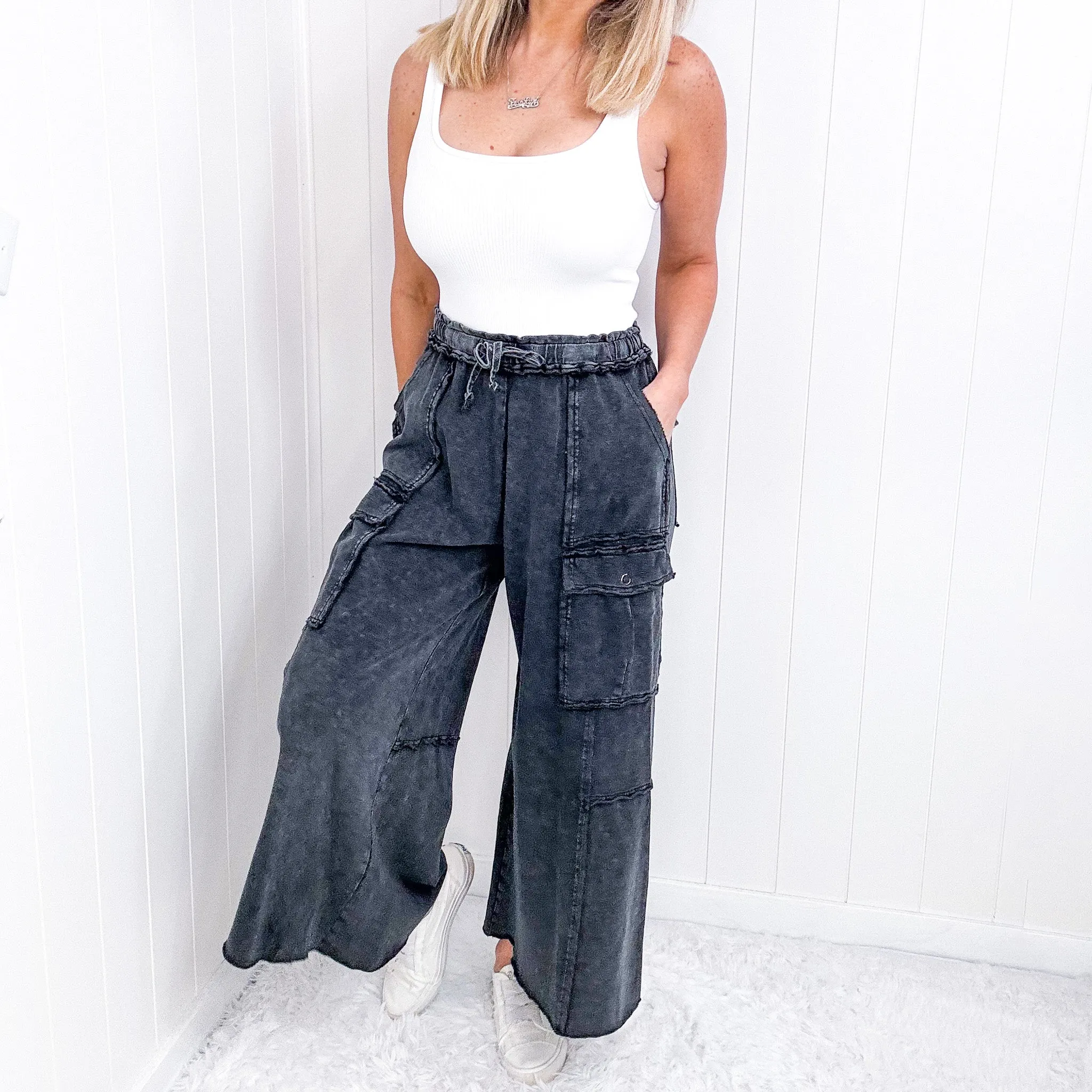 Feeling Good Cropped Relaxed Mineral Washed Wide Leg Cargo Pants in 8 Colors