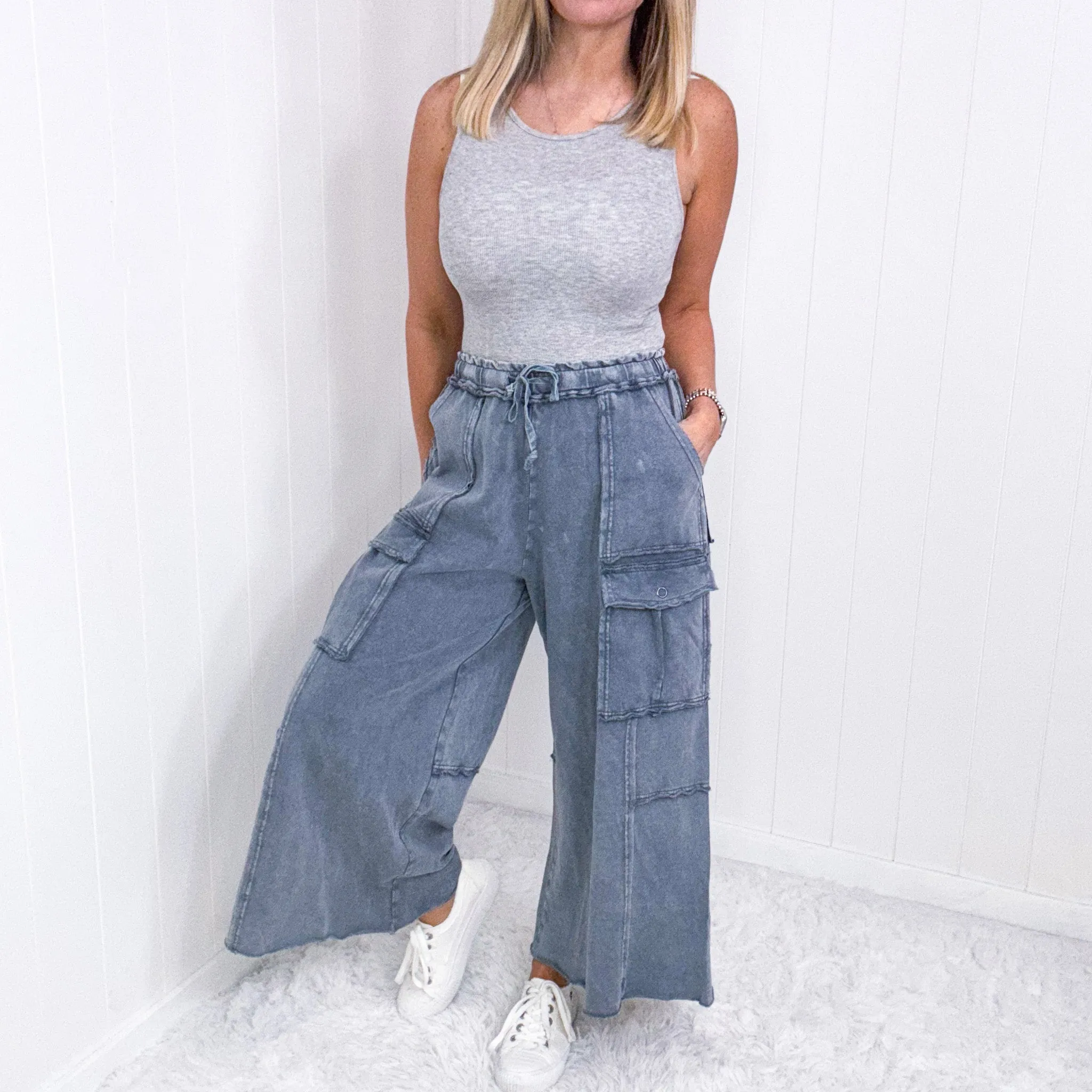 Feeling Good Cropped Relaxed Mineral Washed Wide Leg Cargo Pants in 8 Colors