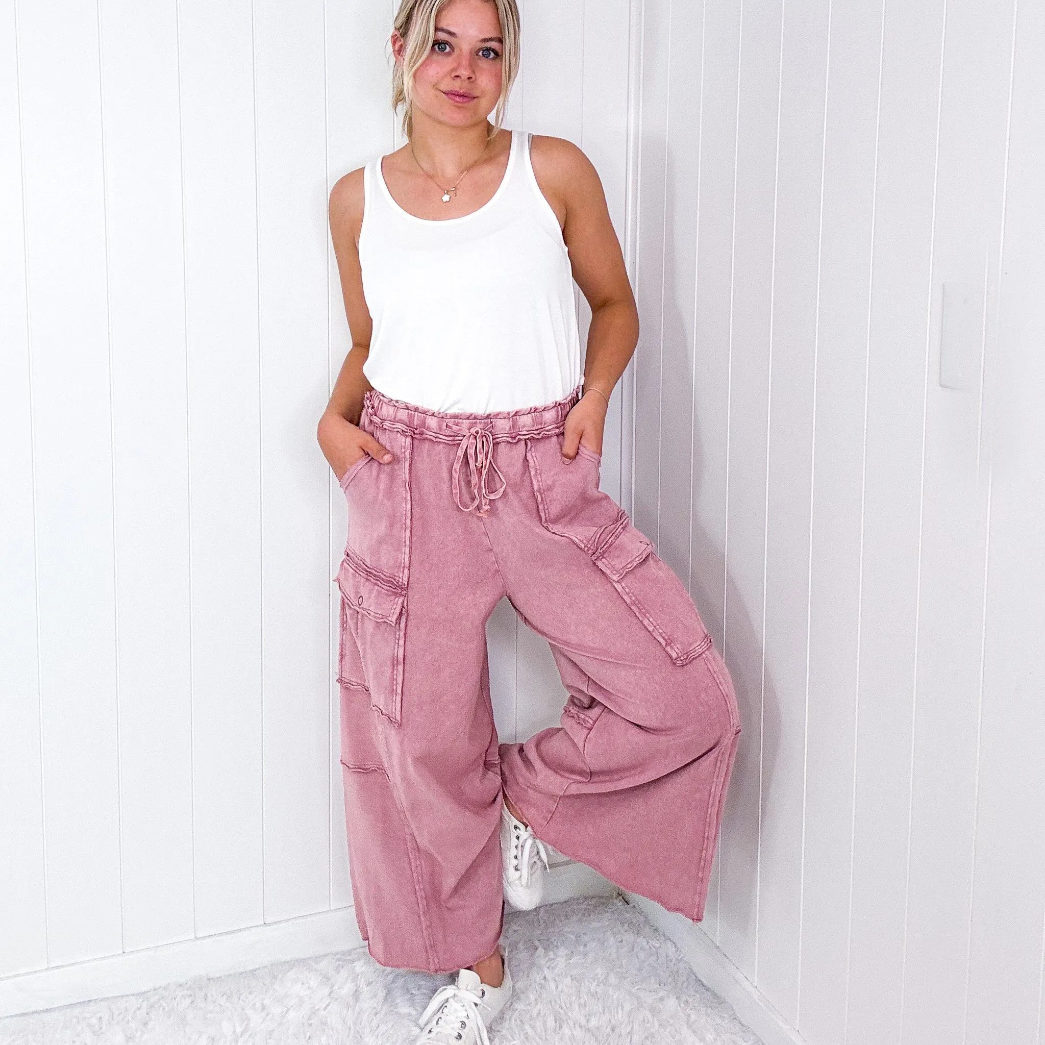 Feeling Good Cropped Relaxed Mineral Washed Wide Leg Cargo Pants in 8 Colors