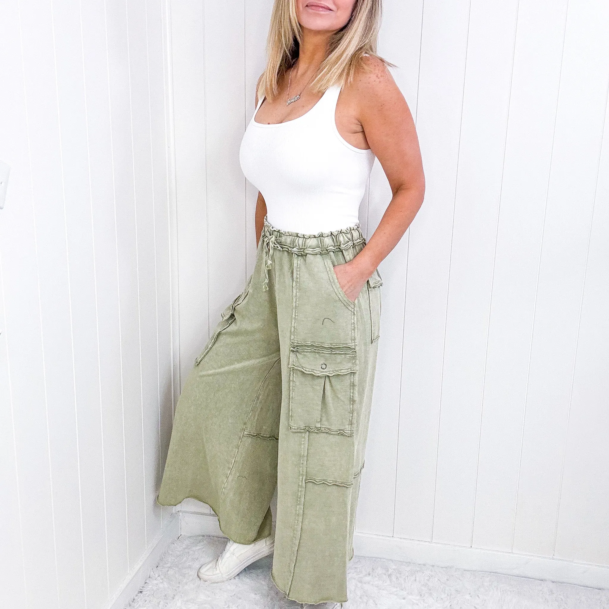 Feeling Good Cropped Relaxed Mineral Washed Wide Leg Cargo Pants in 8 Colors