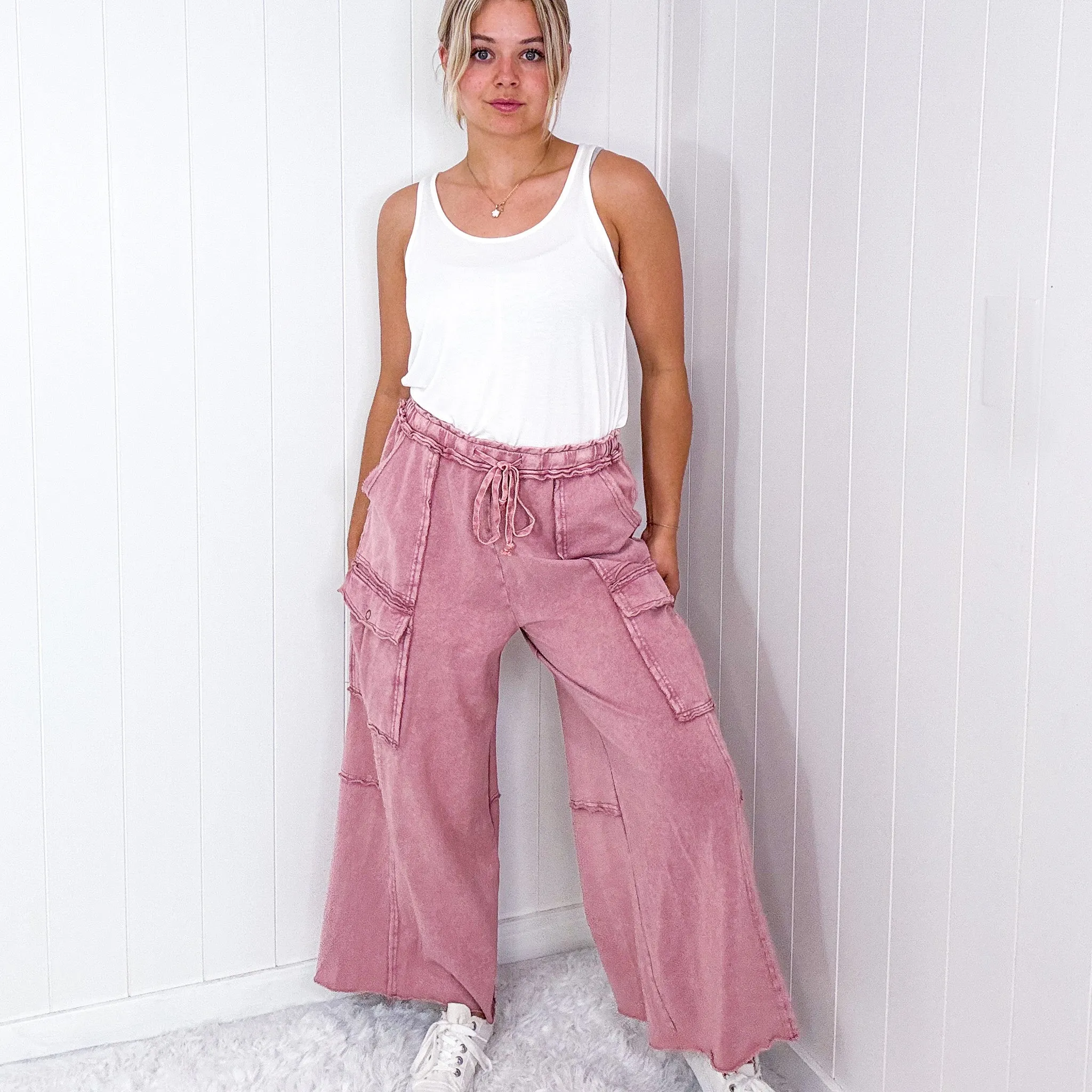 Feeling Good Cropped Relaxed Mineral Washed Wide Leg Cargo Pants in 8 Colors