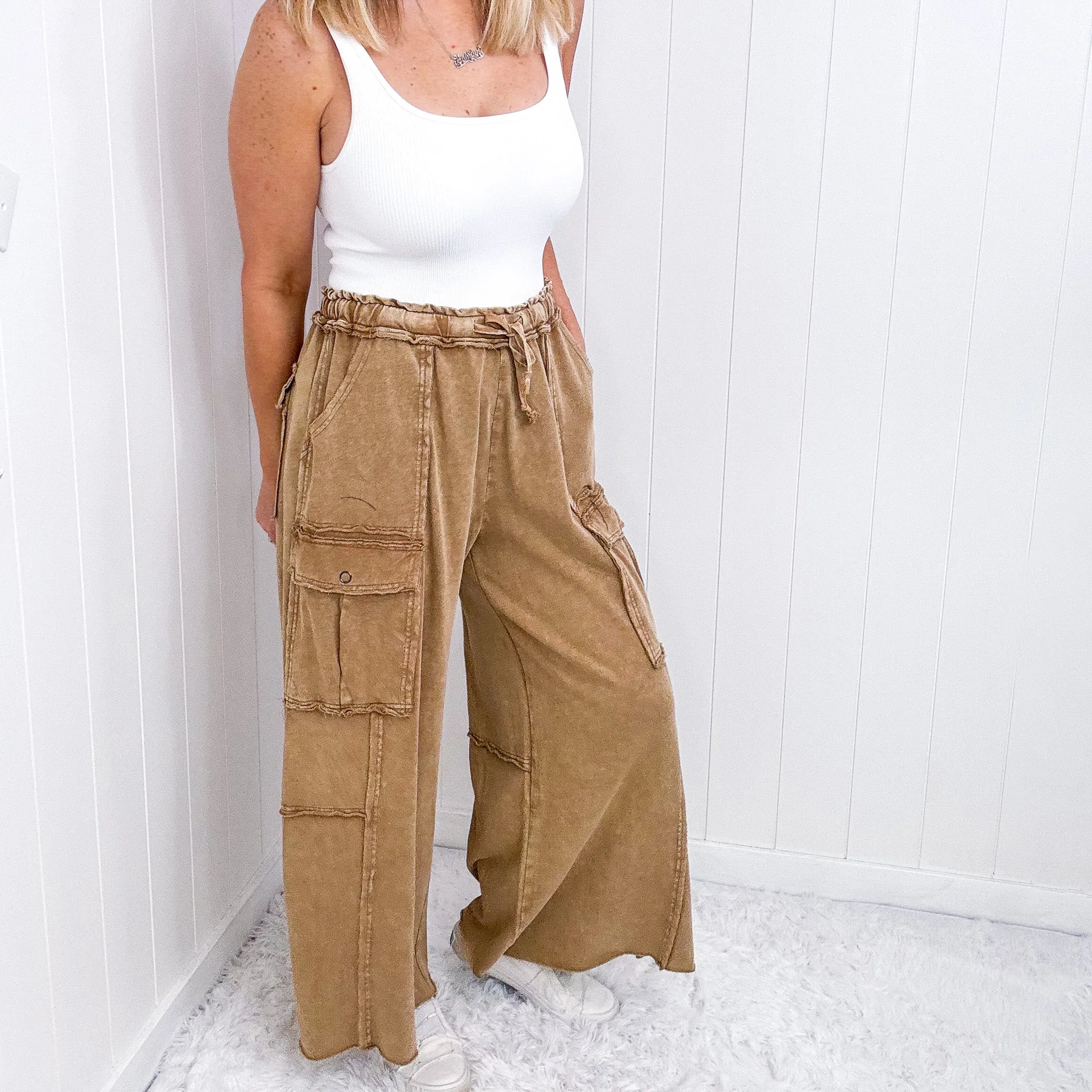 Feeling Good Cropped Relaxed Mineral Washed Wide Leg Cargo Pants in 8 Colors