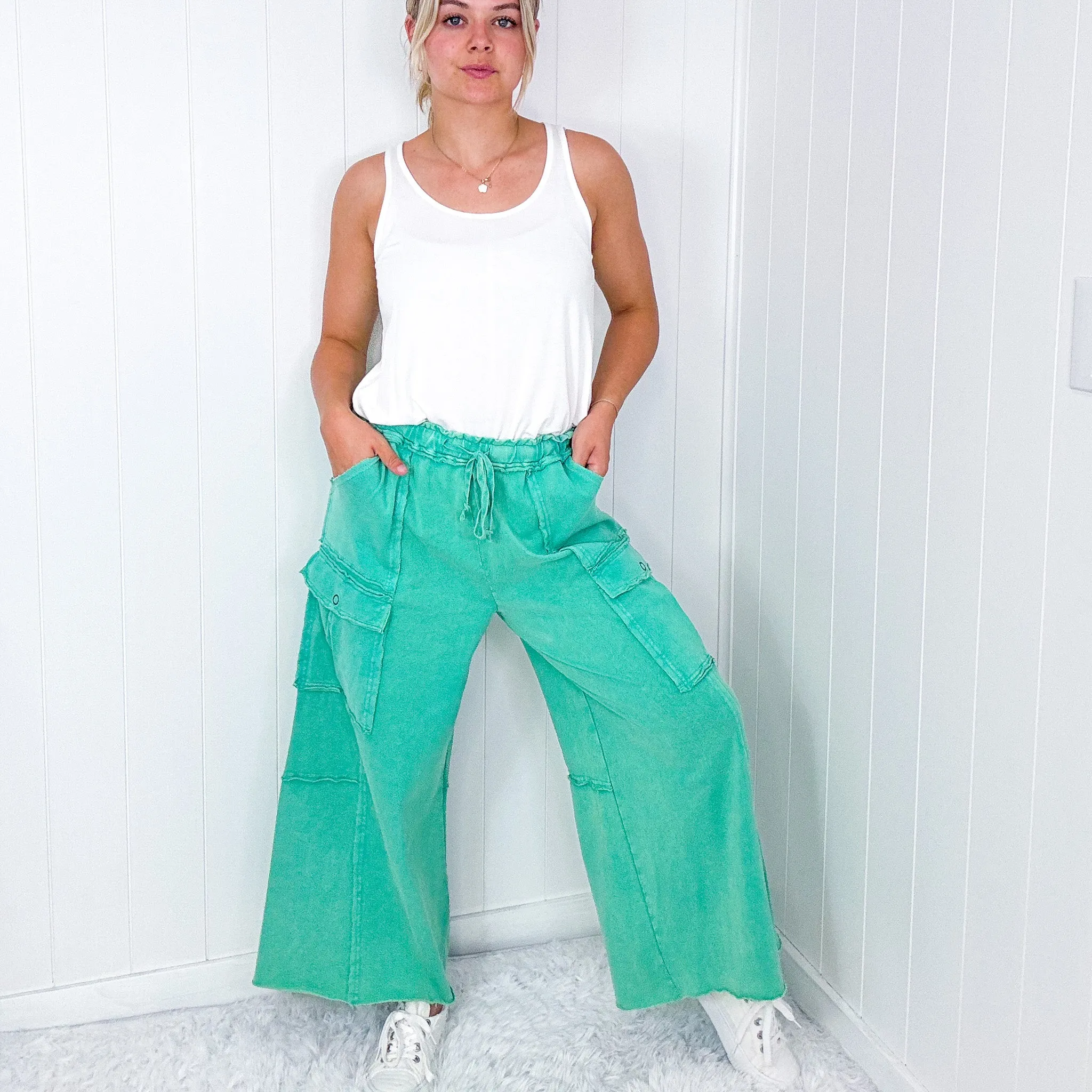 Feeling Good Cropped Relaxed Mineral Washed Wide Leg Cargo Pants in 8 Colors