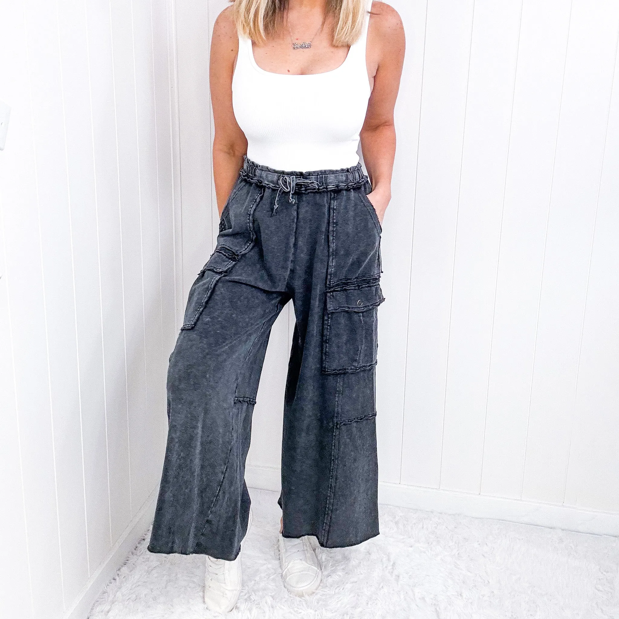 Feeling Good Cropped Relaxed Mineral Washed Wide Leg Cargo Pants in 8 Colors