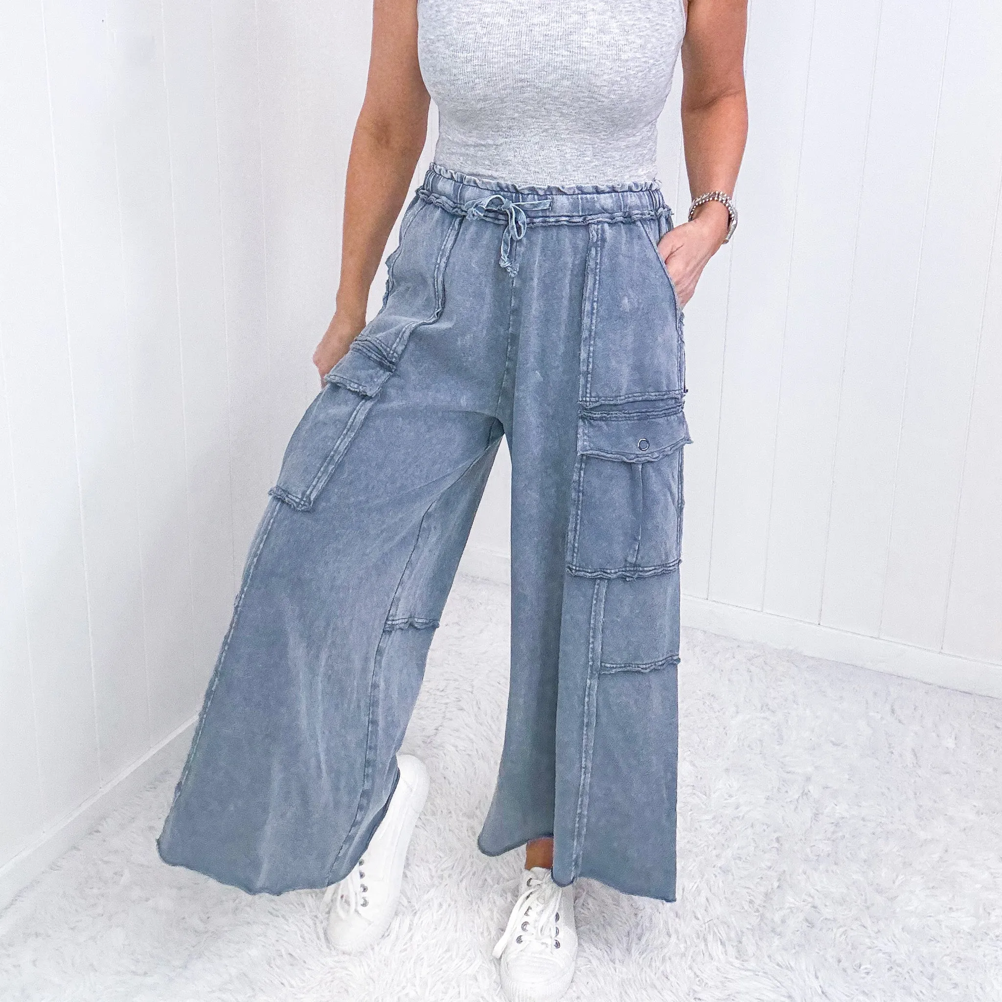 Feeling Good Cropped Relaxed Mineral Washed Wide Leg Cargo Pants in 8 Colors