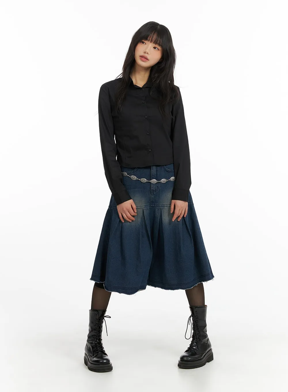 Flare Pleated Midi Denim Skirt CM413