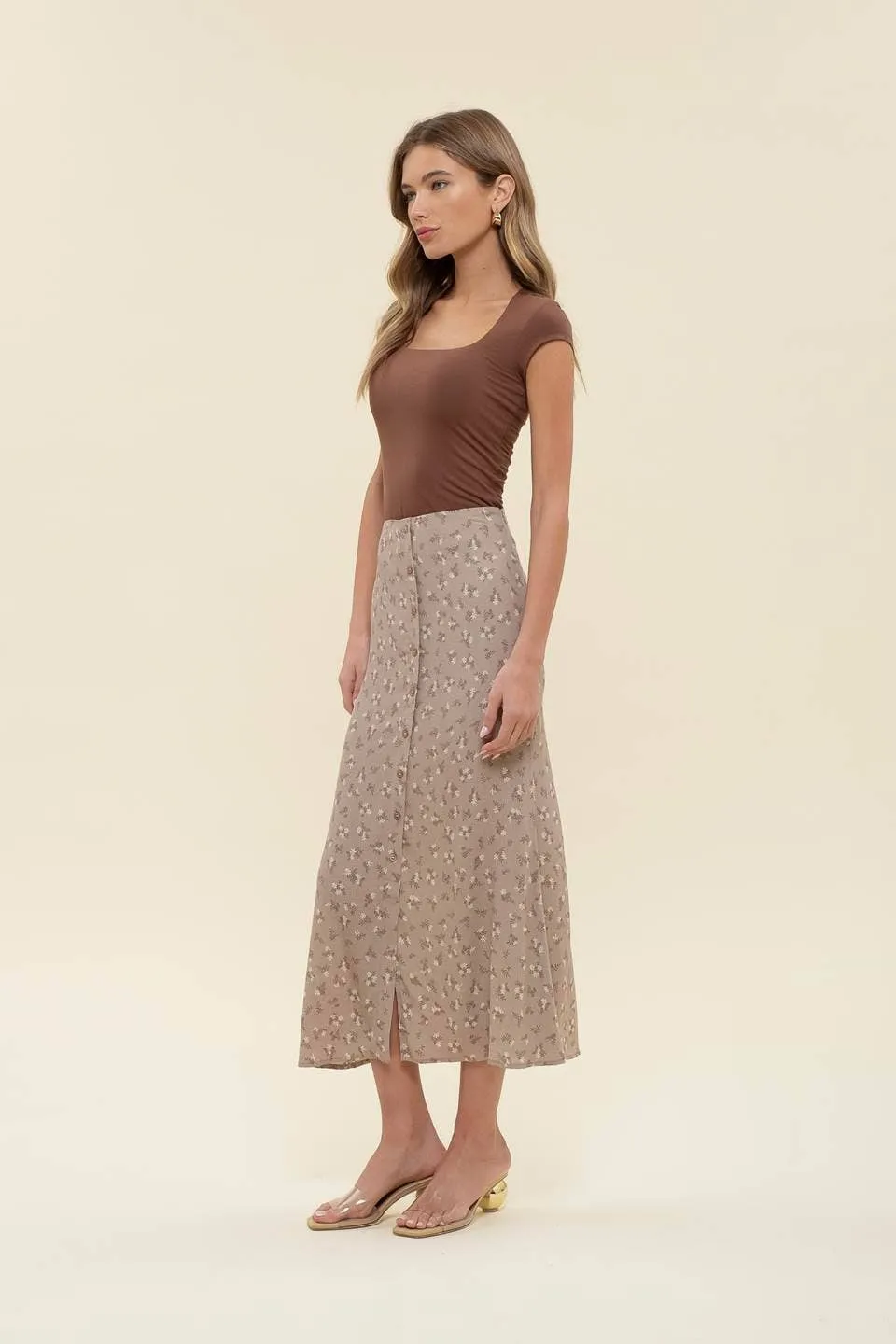 FLORAL BUTTON FRONT SPLIT HEM MIDI SKIRT