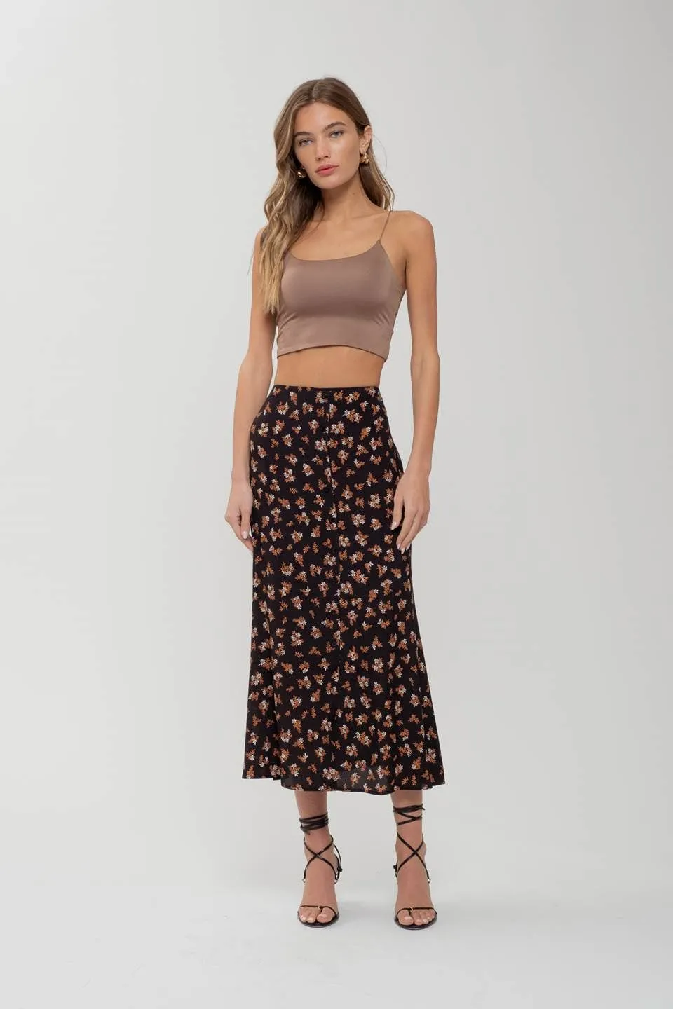 FLORAL BUTTON FRONT SPLIT HEM MIDI SKIRT