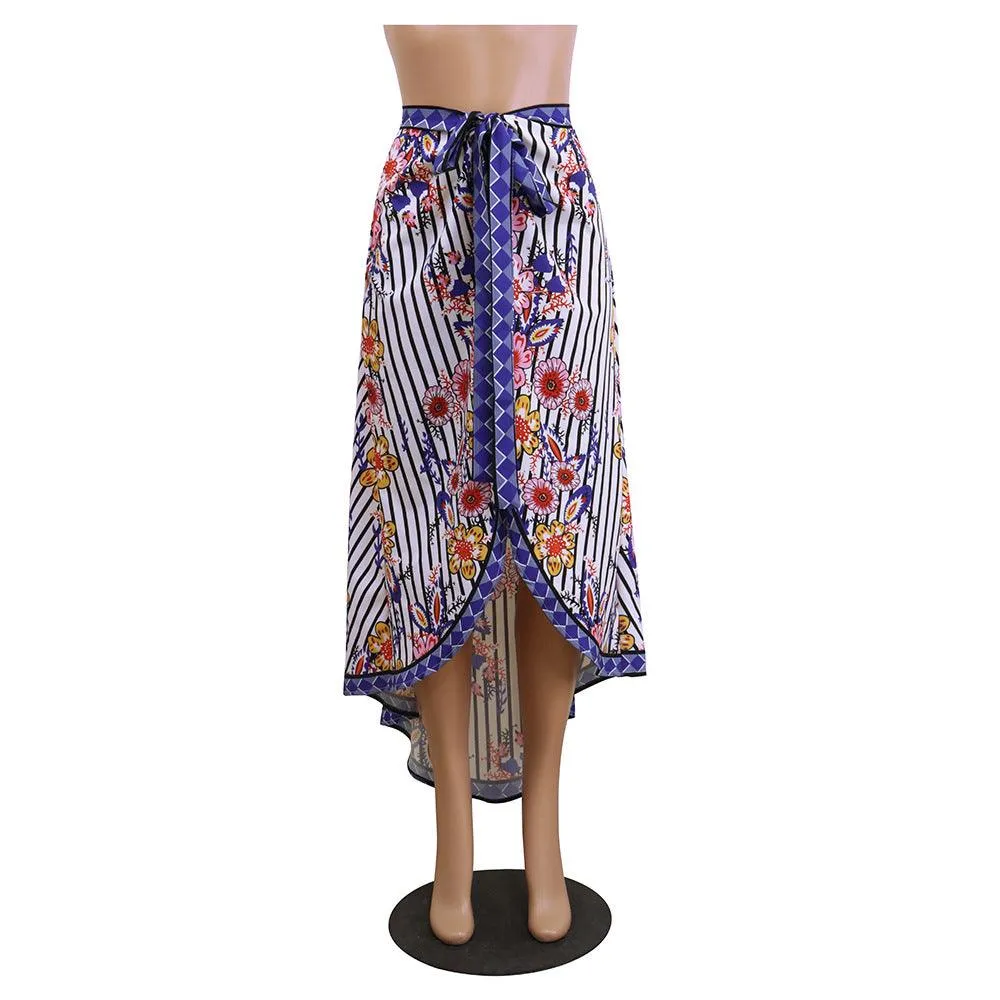 FLORAL STRIPED HIGH SPLIT SKIRT