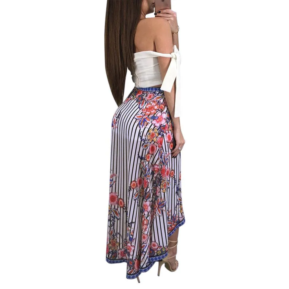 FLORAL STRIPED HIGH SPLIT SKIRT