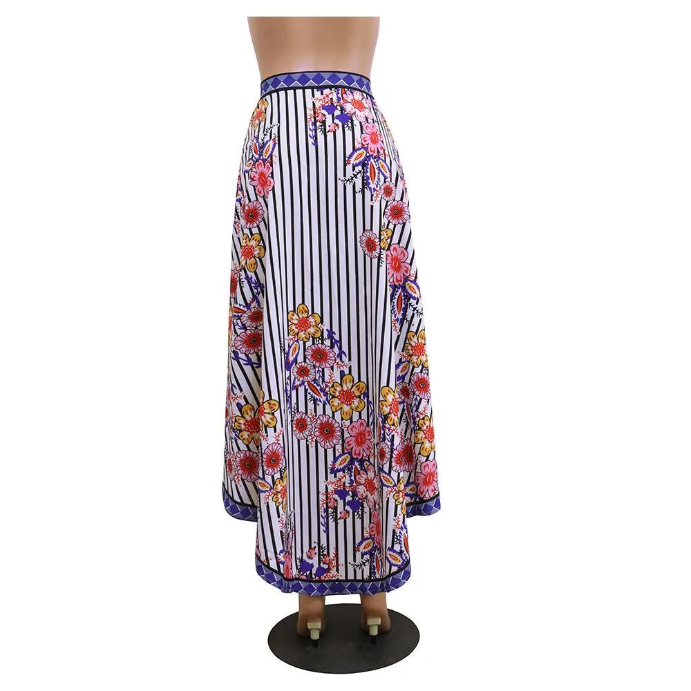 FLORAL STRIPED HIGH SPLIT SKIRT