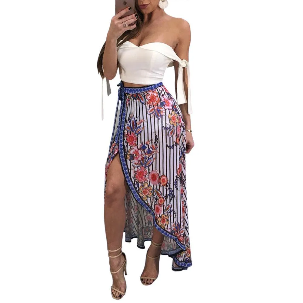 FLORAL STRIPED HIGH SPLIT SKIRT