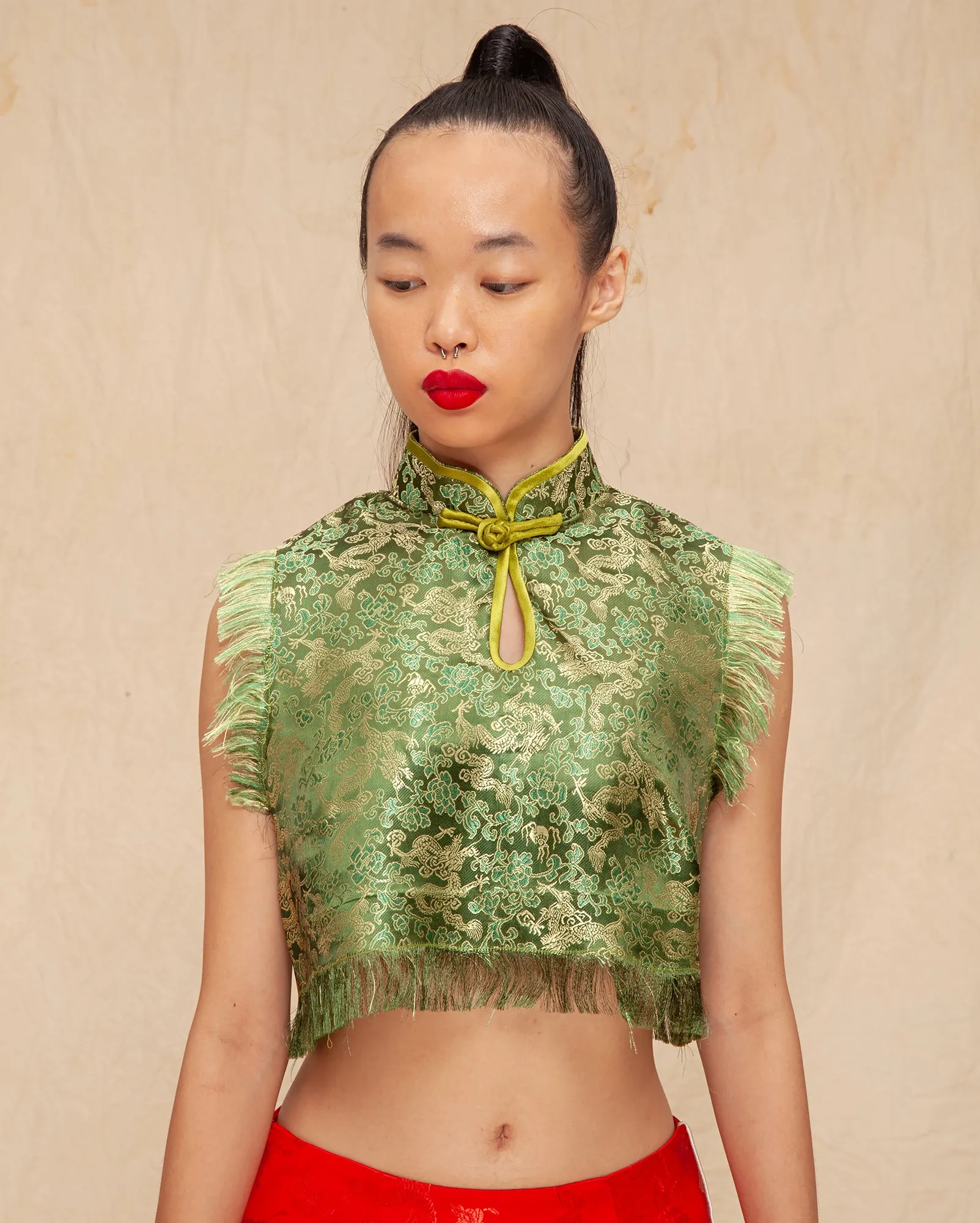 Fringed Cheongsam Crop Top and Cheongsam Skirt