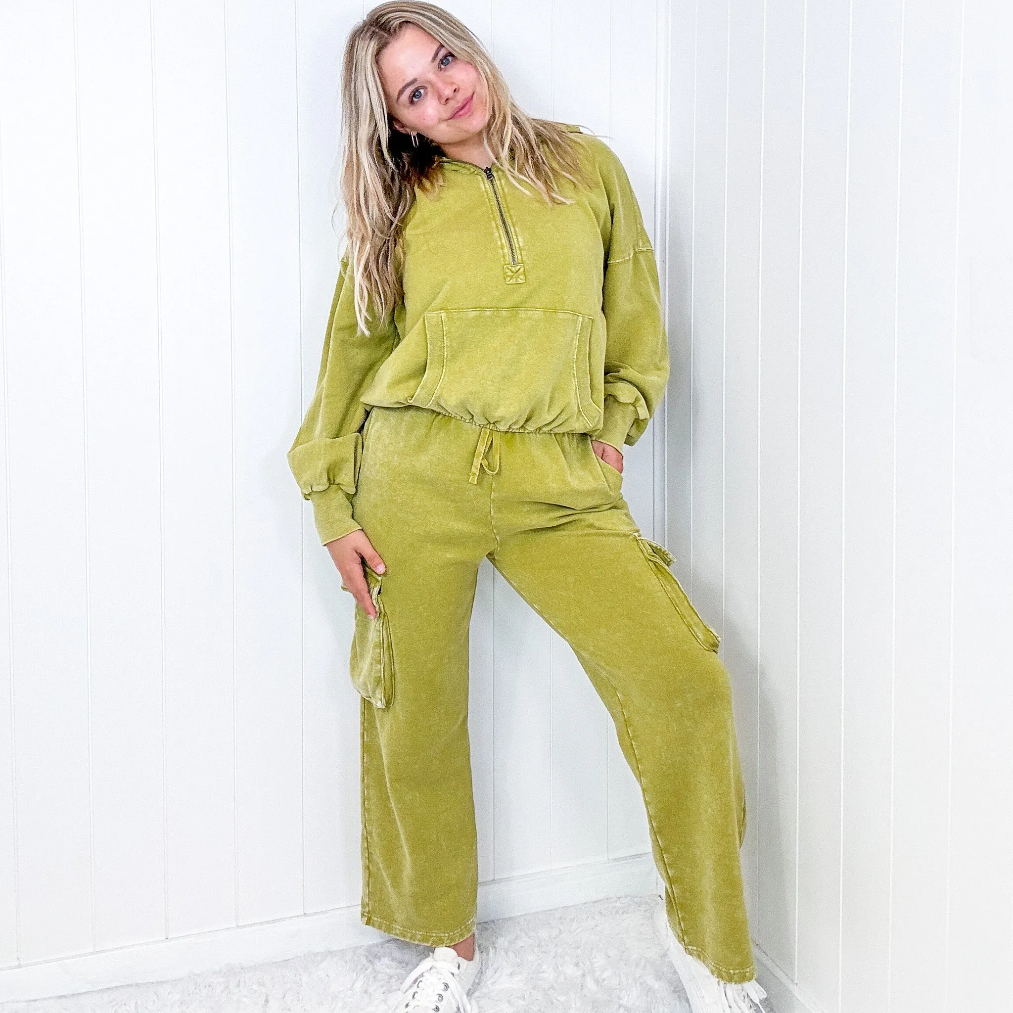 Fun on Fridays Mineral Washed Terry Knit Wide Leg Pull On Cargo Pants in Pistachio