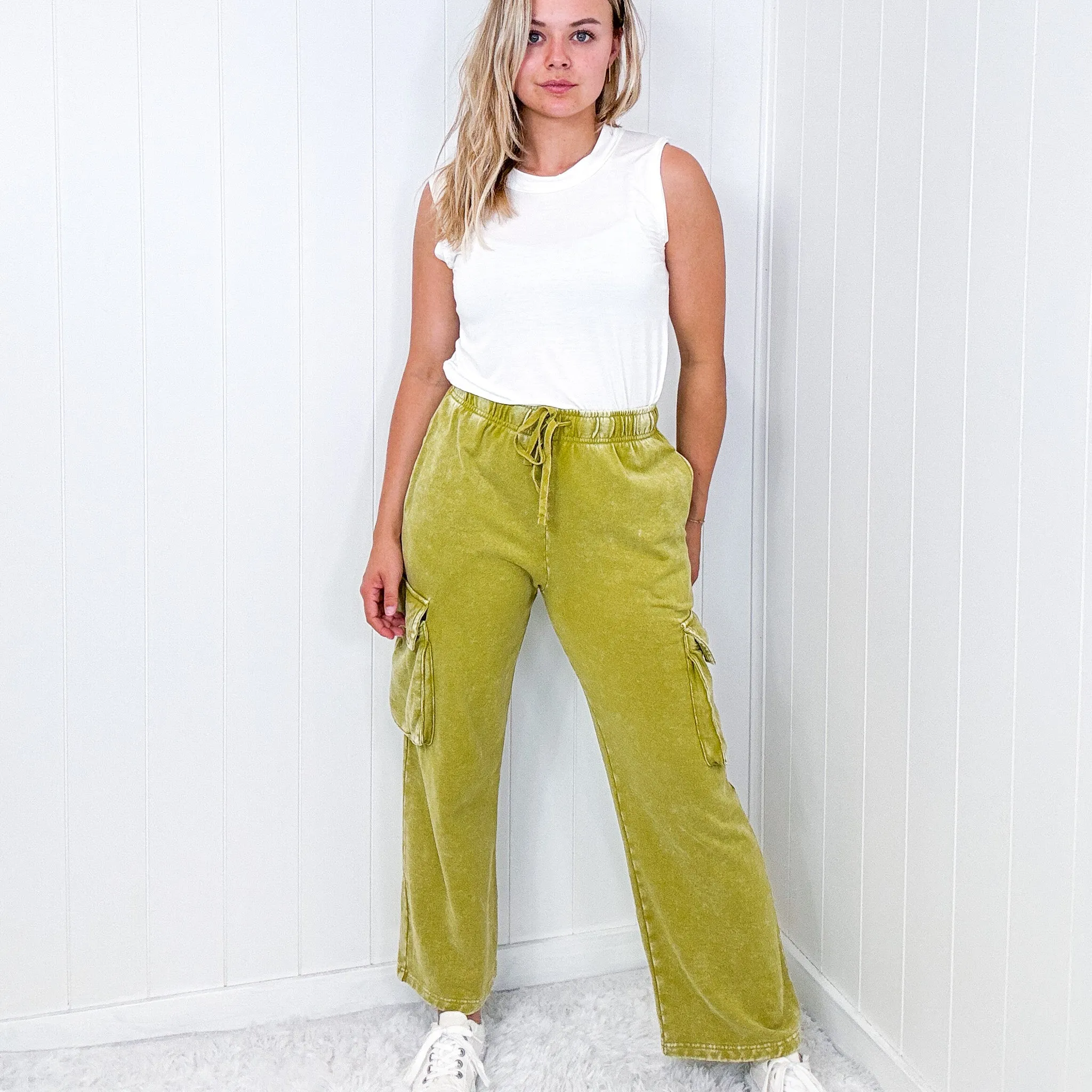 Fun on Fridays Mineral Washed Terry Knit Wide Leg Pull On Cargo Pants in Pistachio