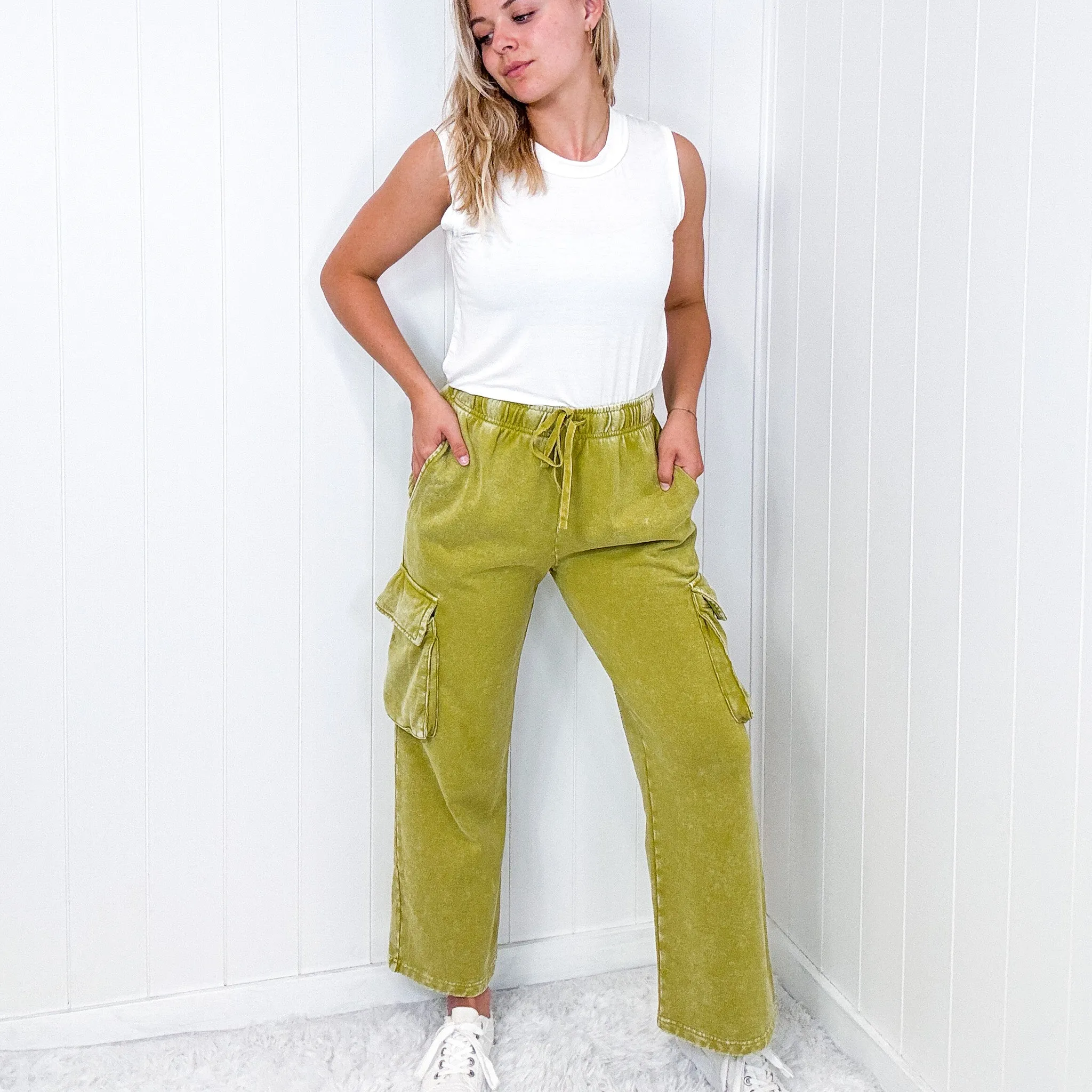 Fun on Fridays Mineral Washed Terry Knit Wide Leg Pull On Cargo Pants in Pistachio