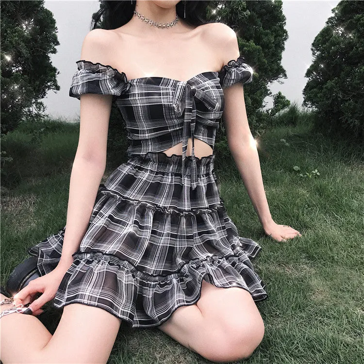 Gothic Plaid Crop Top   High Waist Mini Skirt Set AD11820