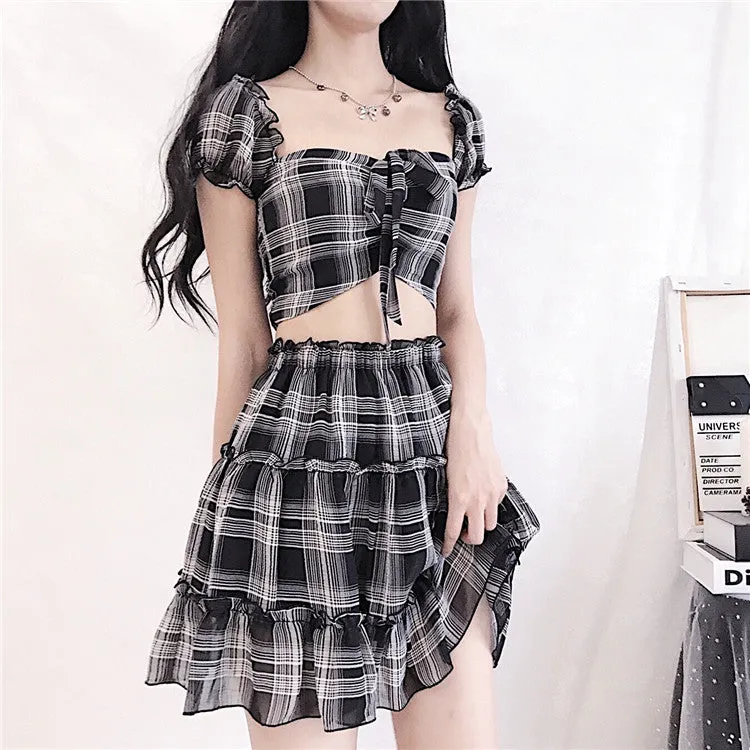 Gothic Plaid Crop Top   High Waist Mini Skirt Set AD11820