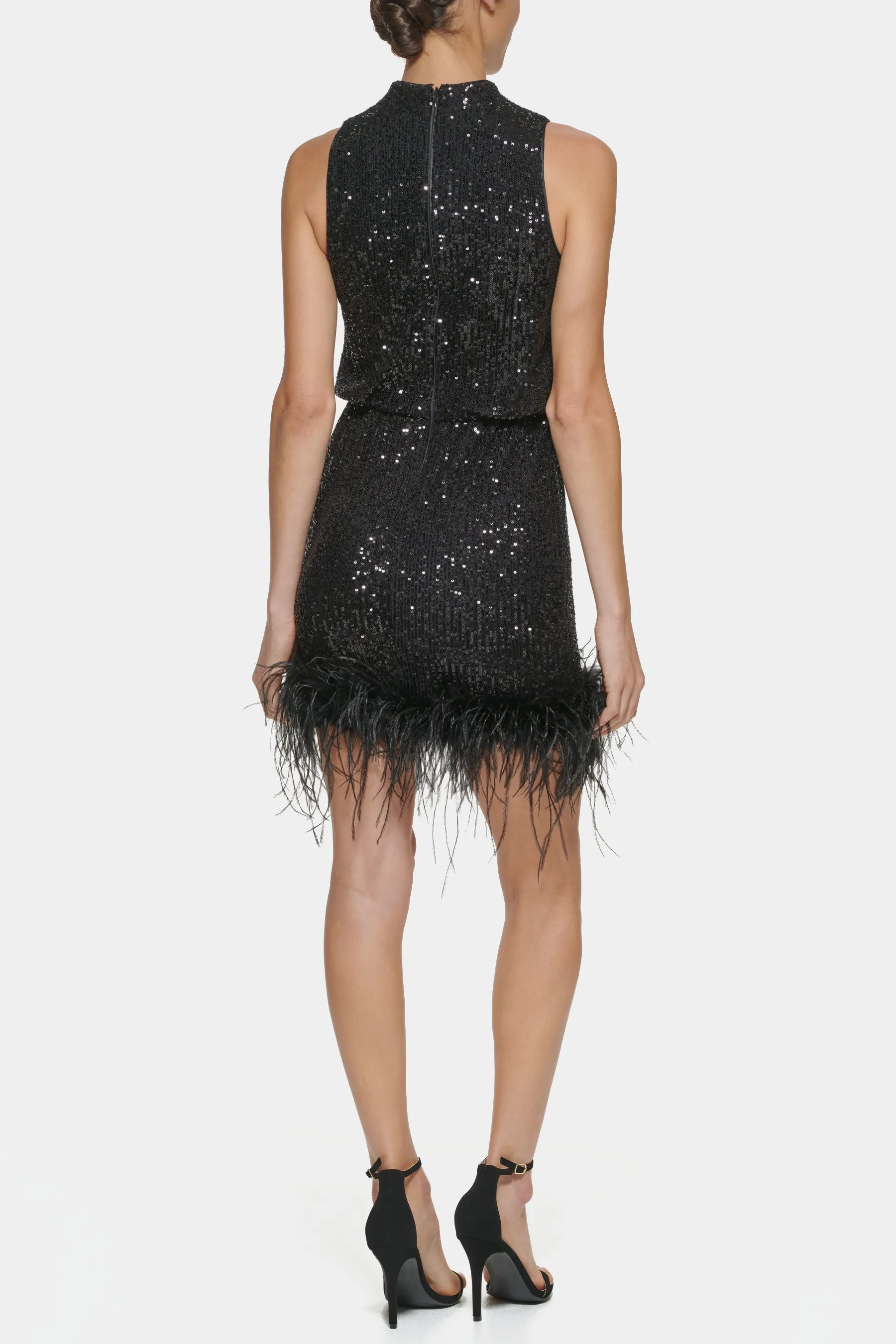 Halter Neck Feather Trim Sheath Dress