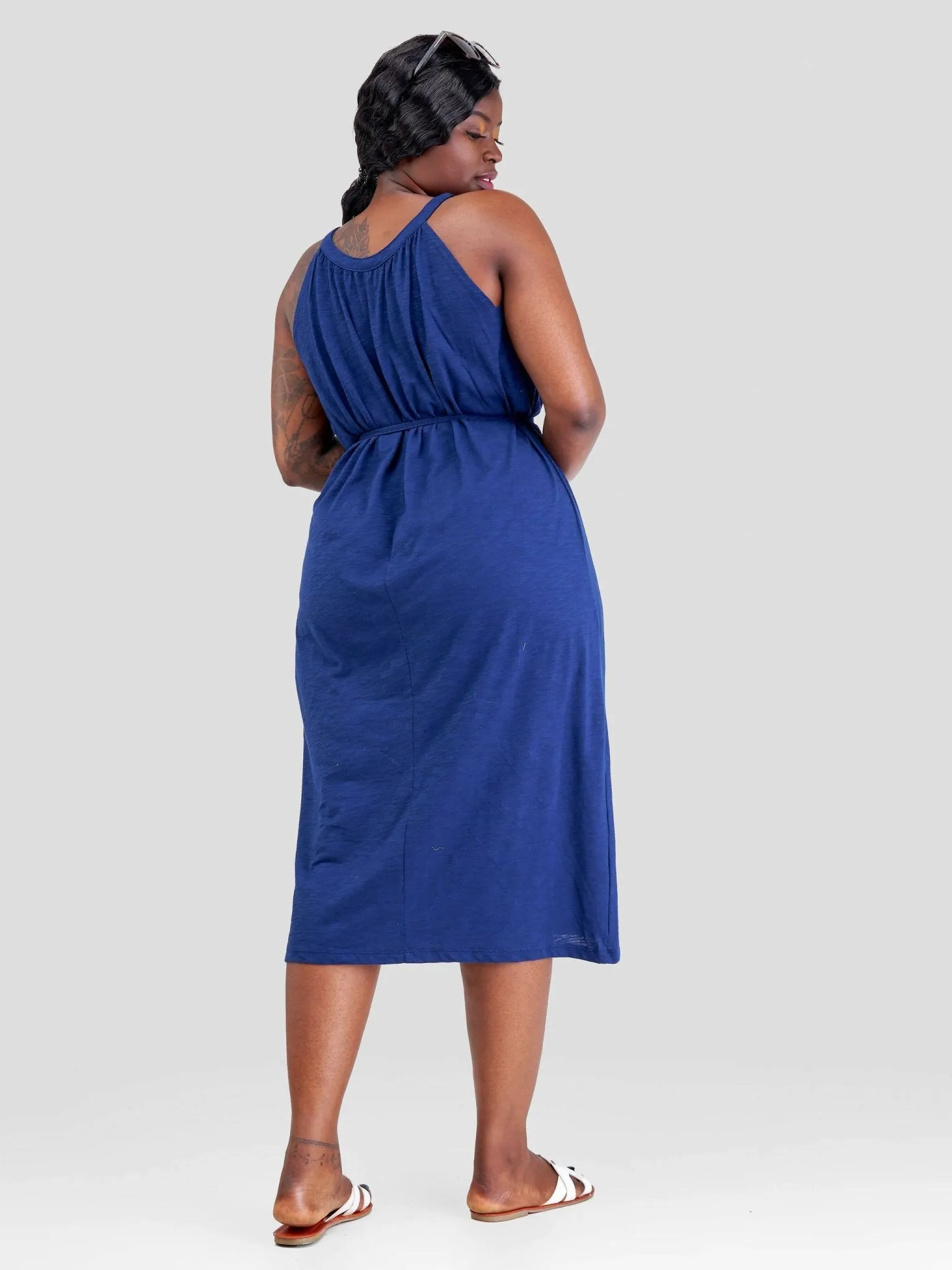 Hessed Round Neck Sleeveless Dress - Blue