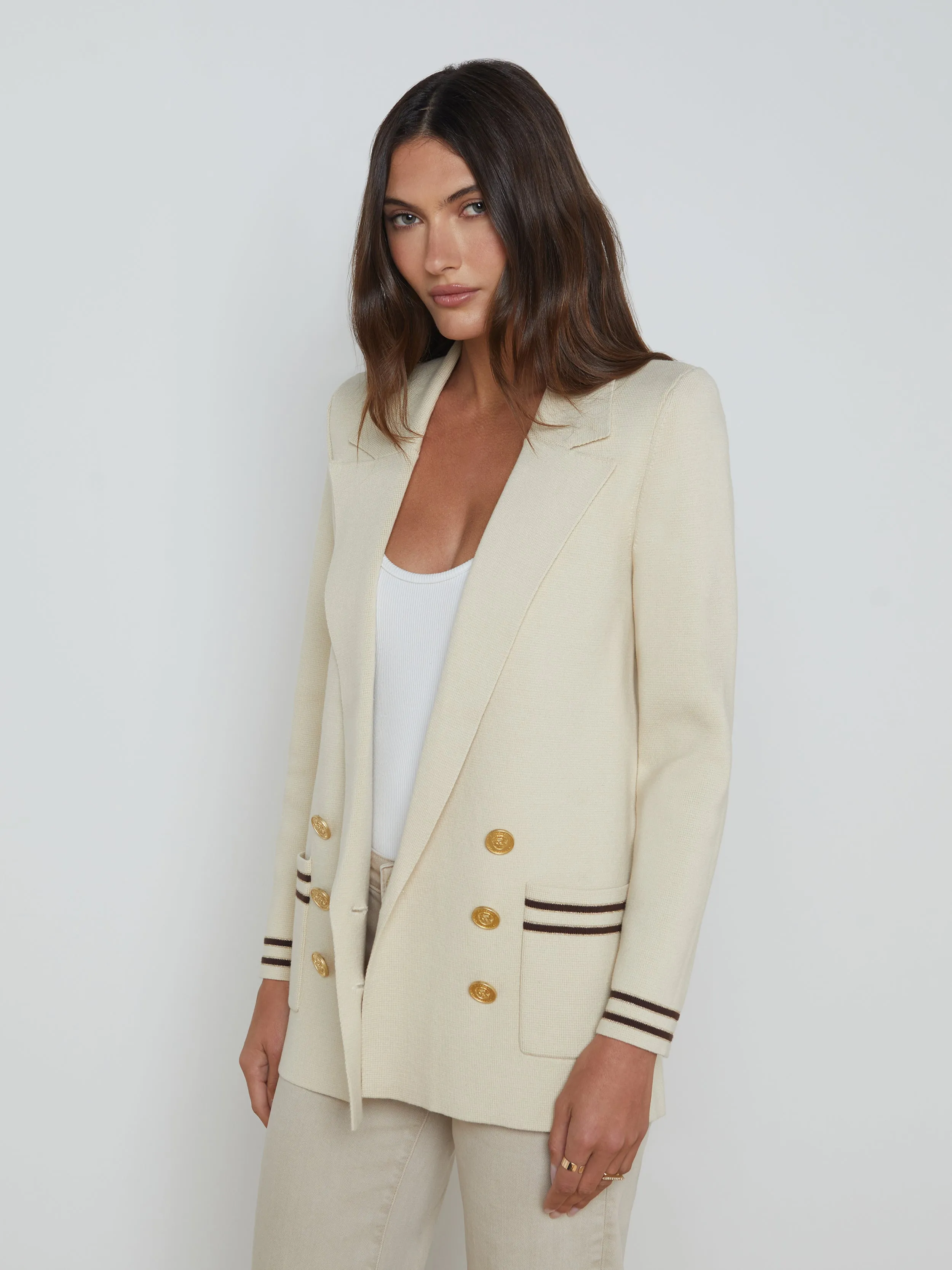 L'agence Eileen Boyfriend Knit Blazer in Porcelain with Brown/Gold Stripe