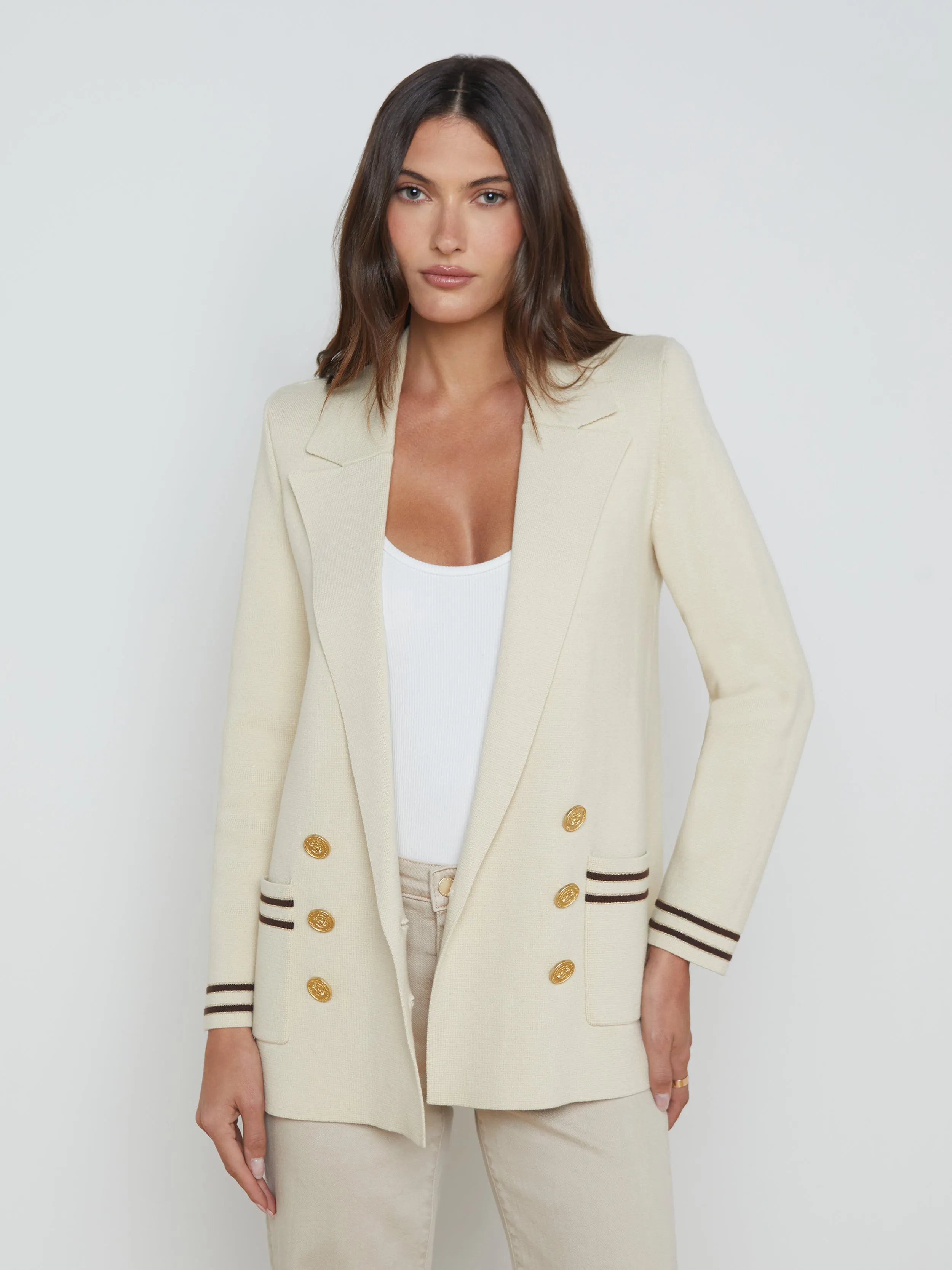 L'agence Eileen Boyfriend Knit Blazer in Porcelain with Brown/Gold Stripe