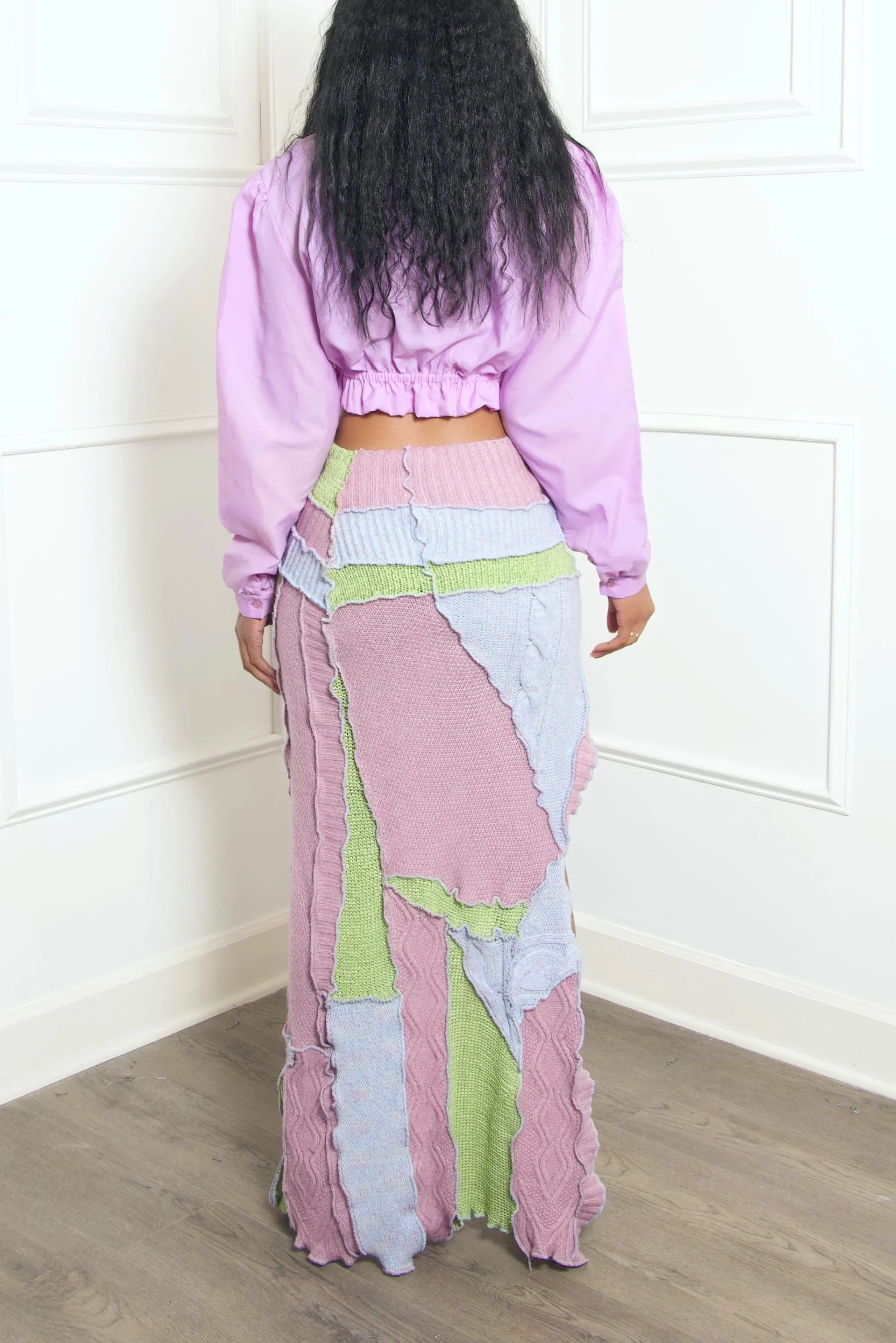 Lavender Green Mix Split Upcycled Sweater Skirt