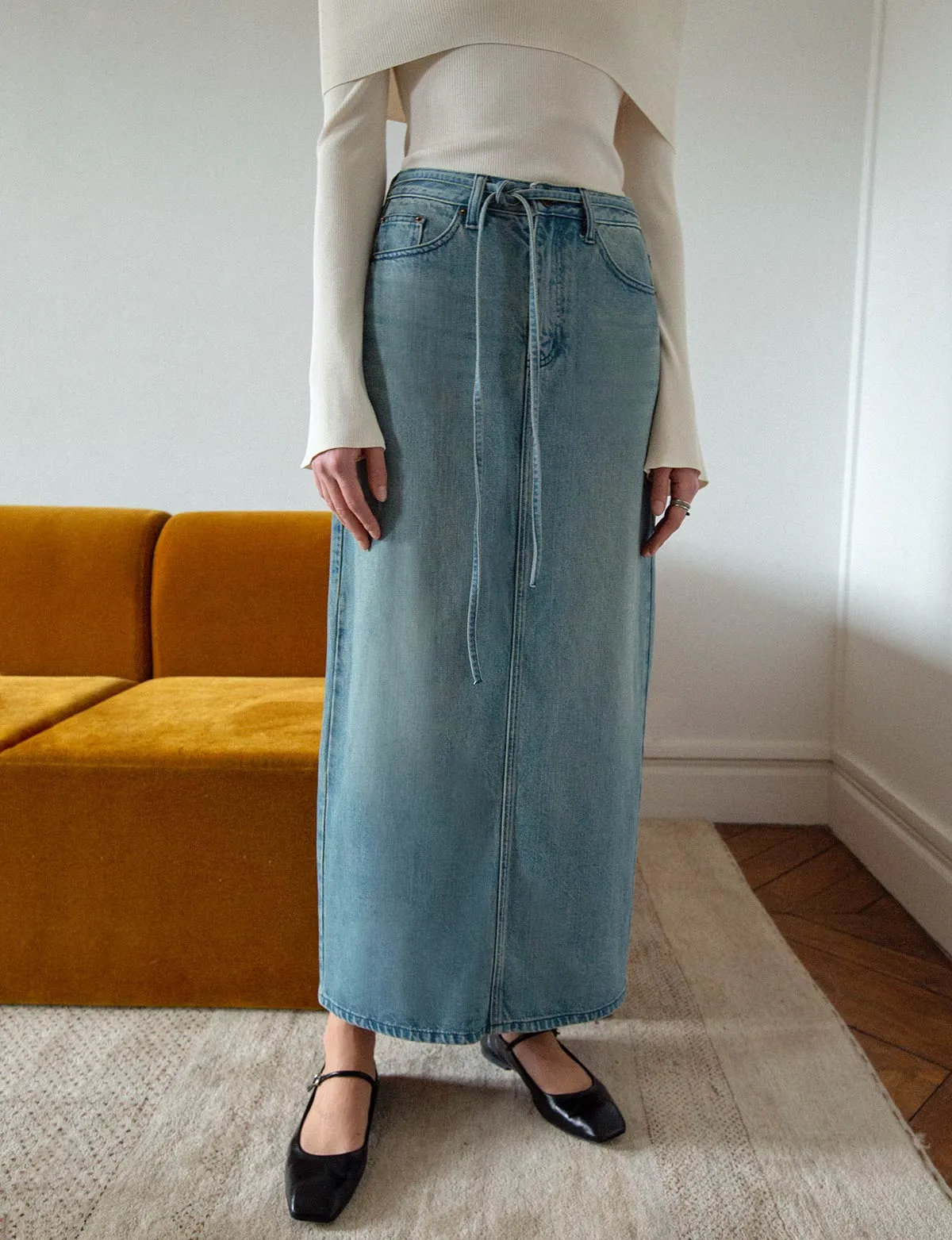 Maxi Belt-Tie Denim Skirt