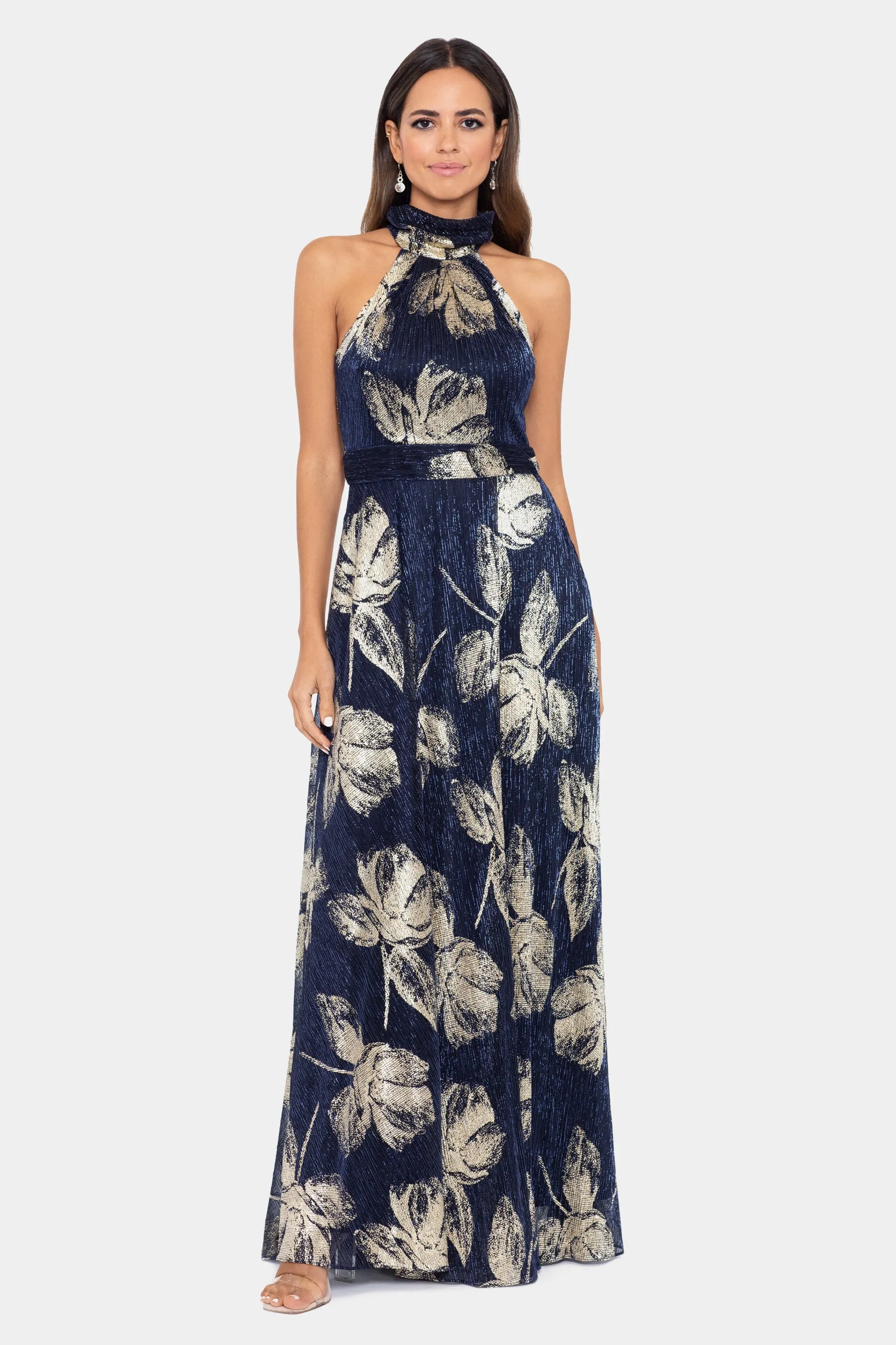 Mock Neck Foil Print Maxi Dress