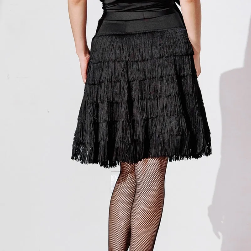 Multi Layer Black Fringe Latin Practice Skirt with Elastic Waistband Available in Sizes M-3XL PRA 513 in Stock