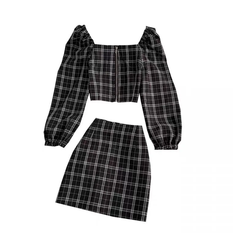 NEW FASHION PLAID SHORT SHIRT & SKIRT BY96555