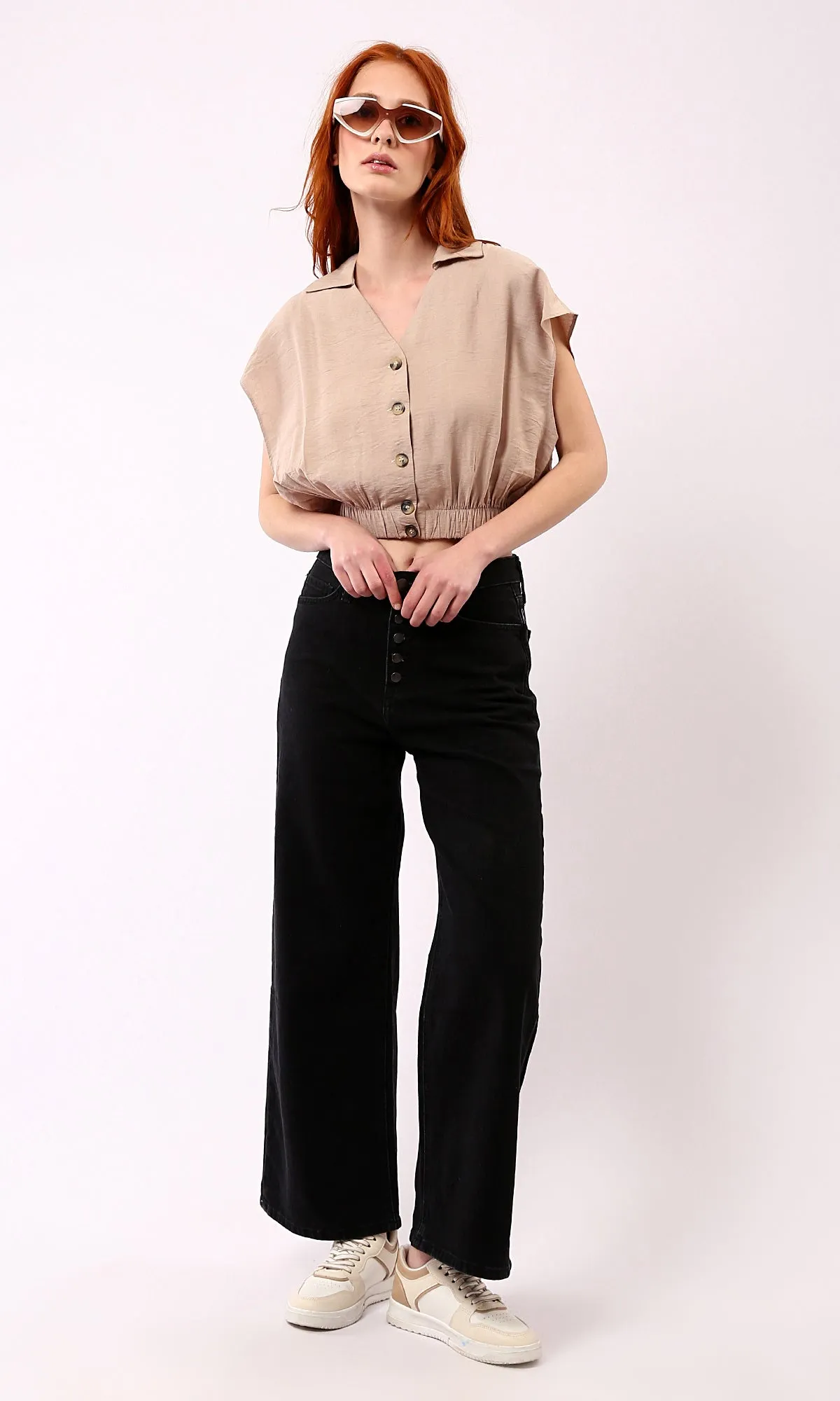 O179142 Light Coffee Cap Sleeves Buttoned Shirt With Hem