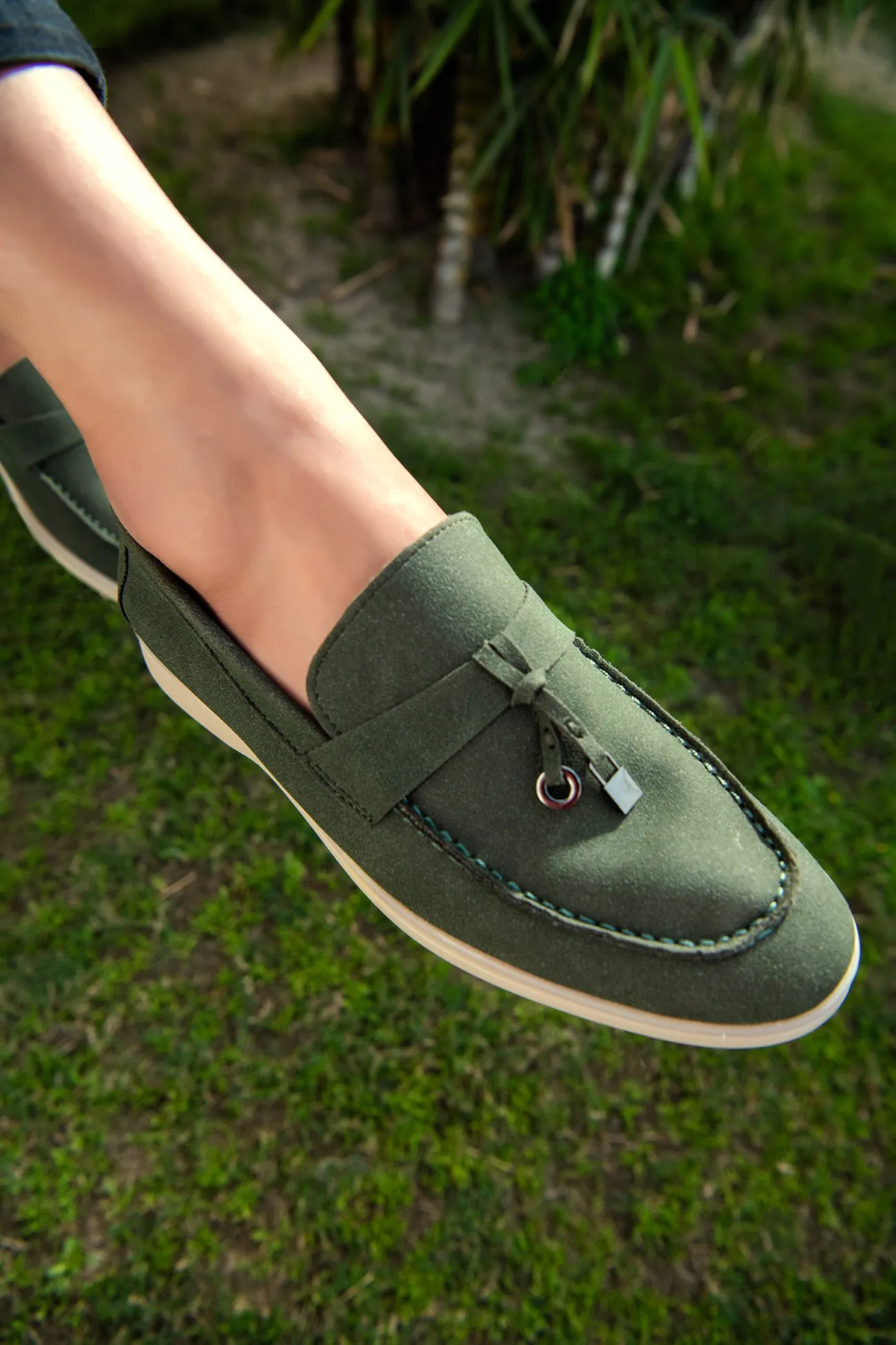 OLIVE GREEN SOFT SLIP SUEDE LOAFERS