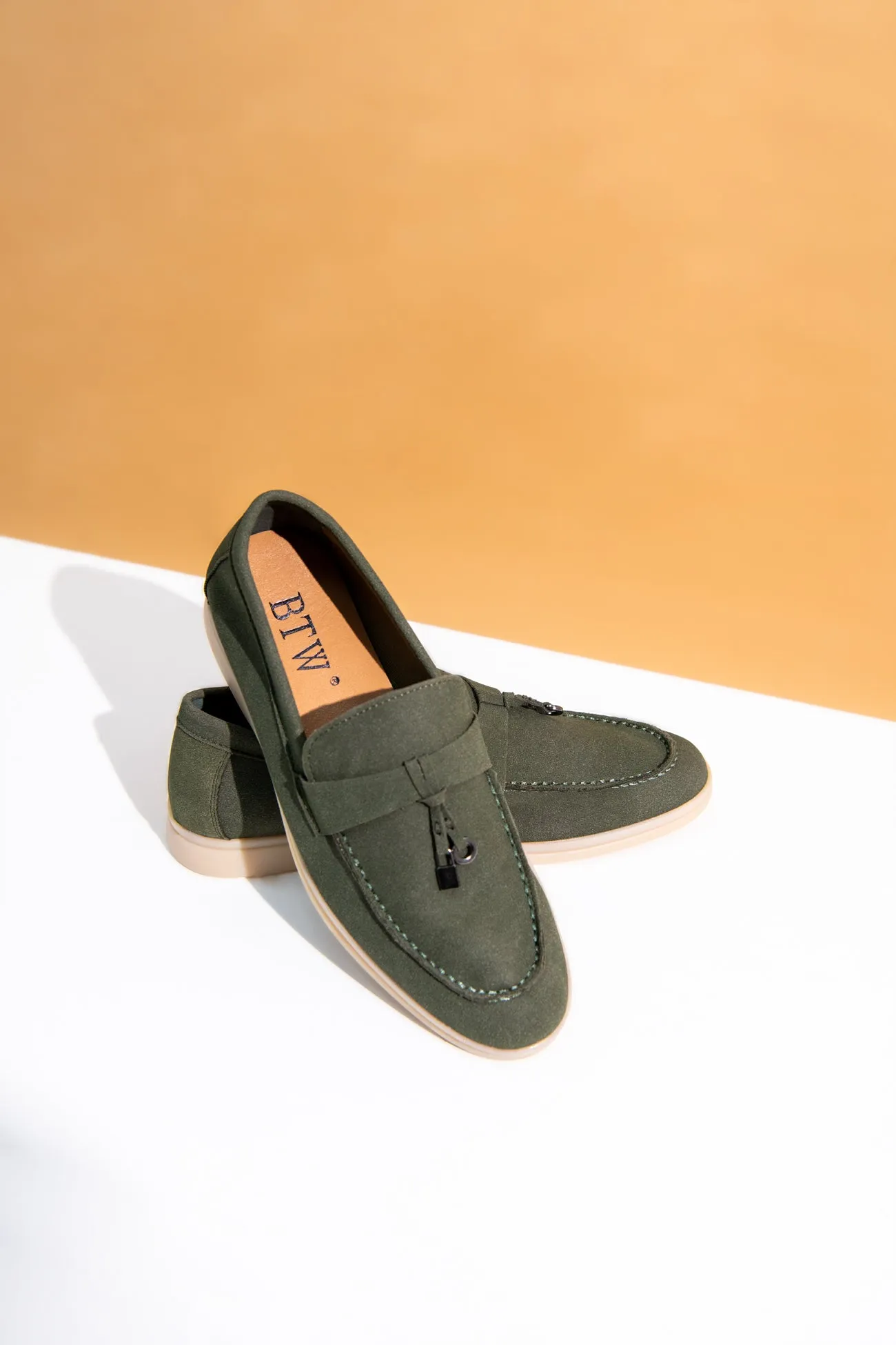 OLIVE GREEN SOFT SLIP SUEDE LOAFERS