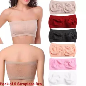 Pack of 5 Women Breathable Strapless non padded Bra Tube Top Seamless Casual Bra