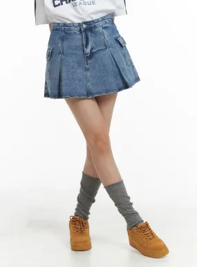 Pleated Denim Cargo Mini Skirt OM418