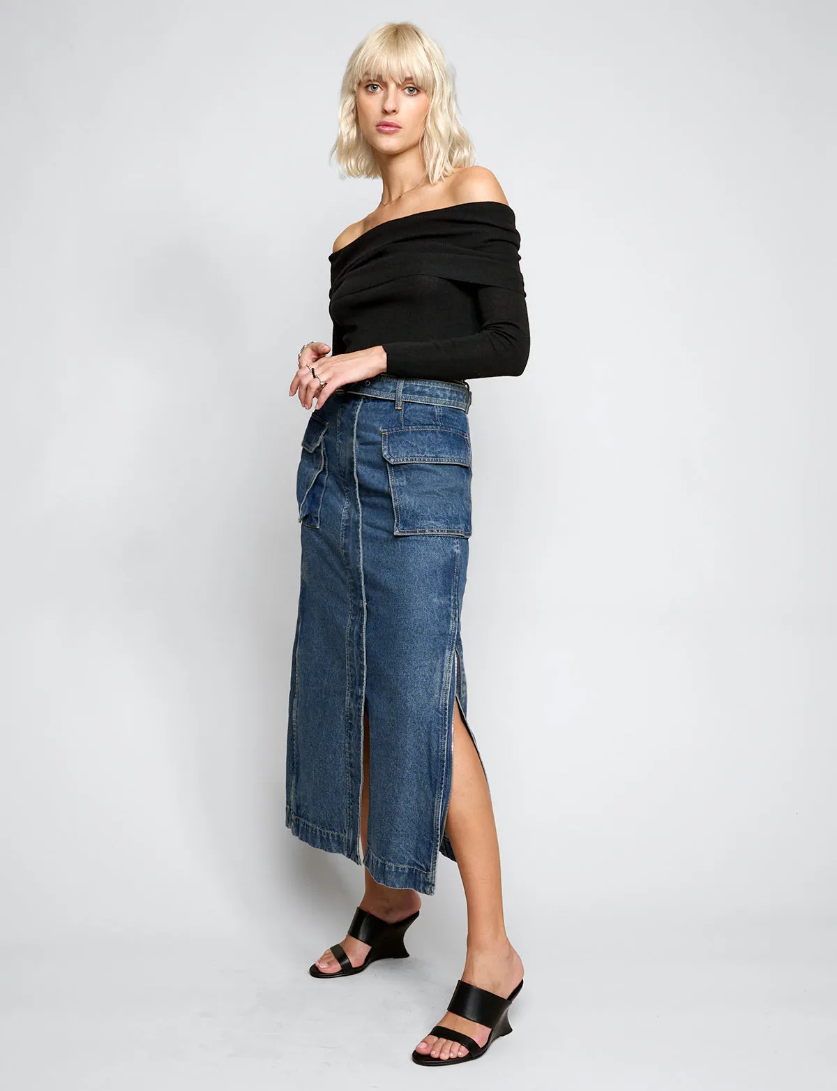 Rochelle Long belted Cargo Denim Skirt