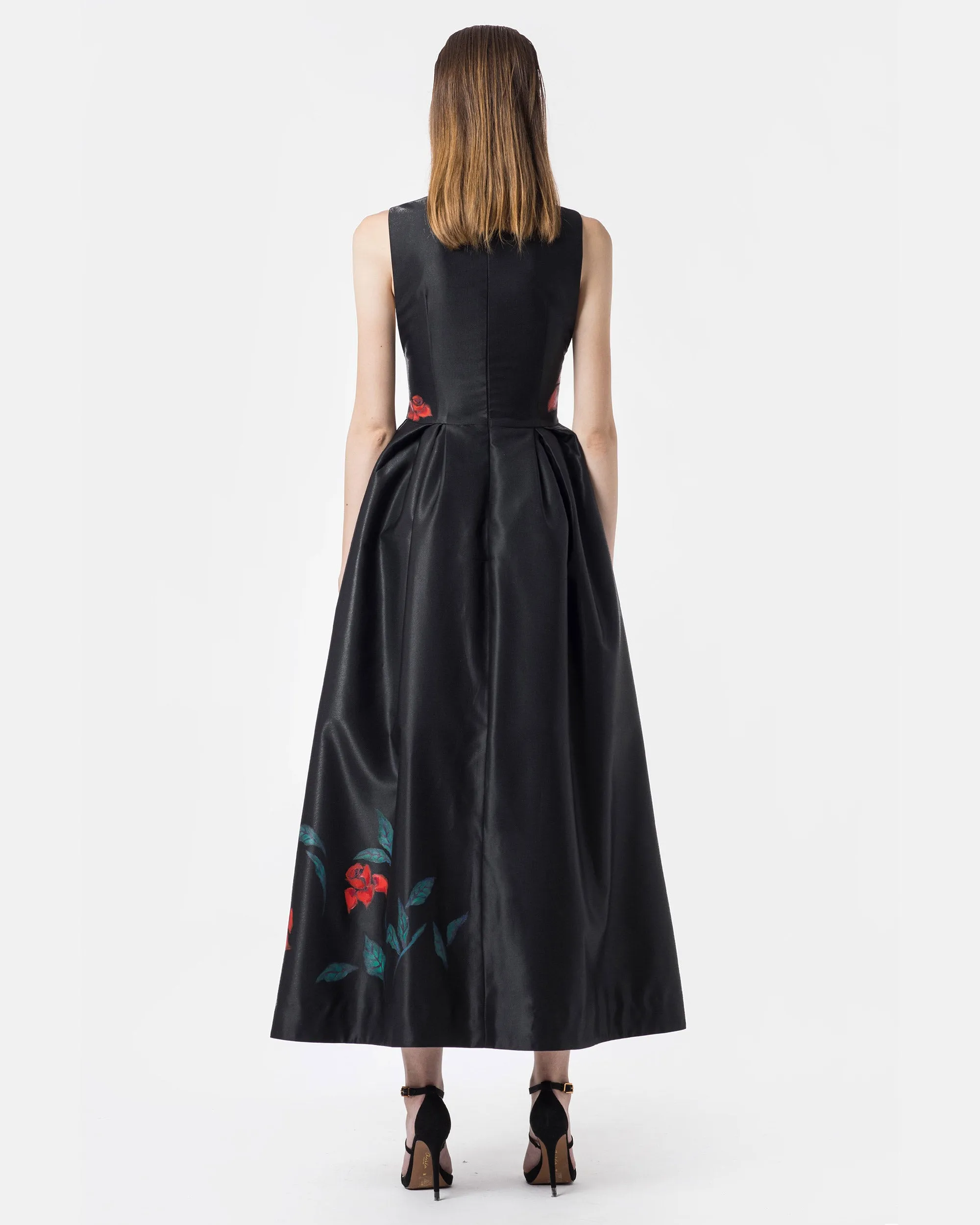 Rose Garden-painted  Sleeveless Black Gown Dress