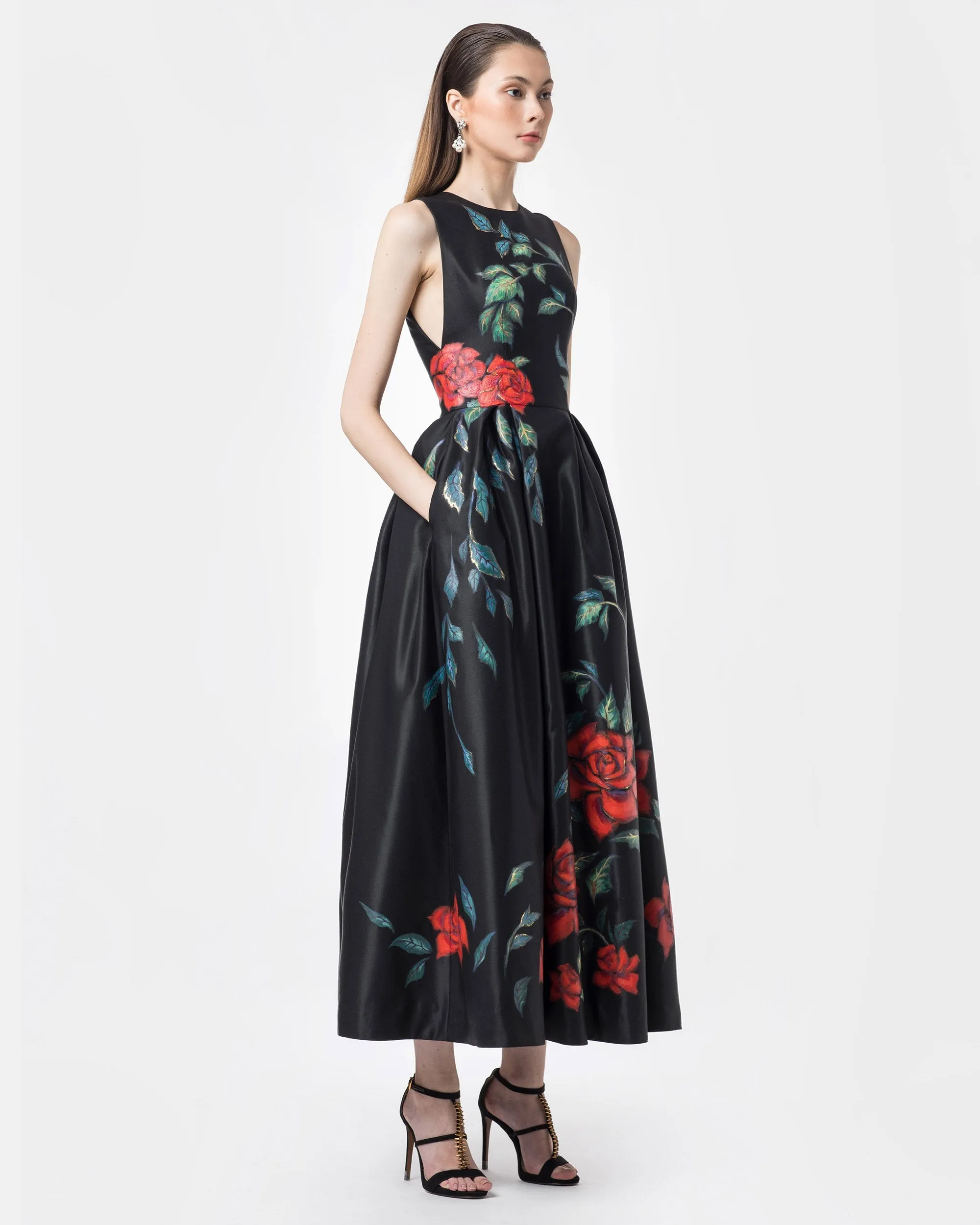 Rose Garden-painted  Sleeveless Black Gown Dress