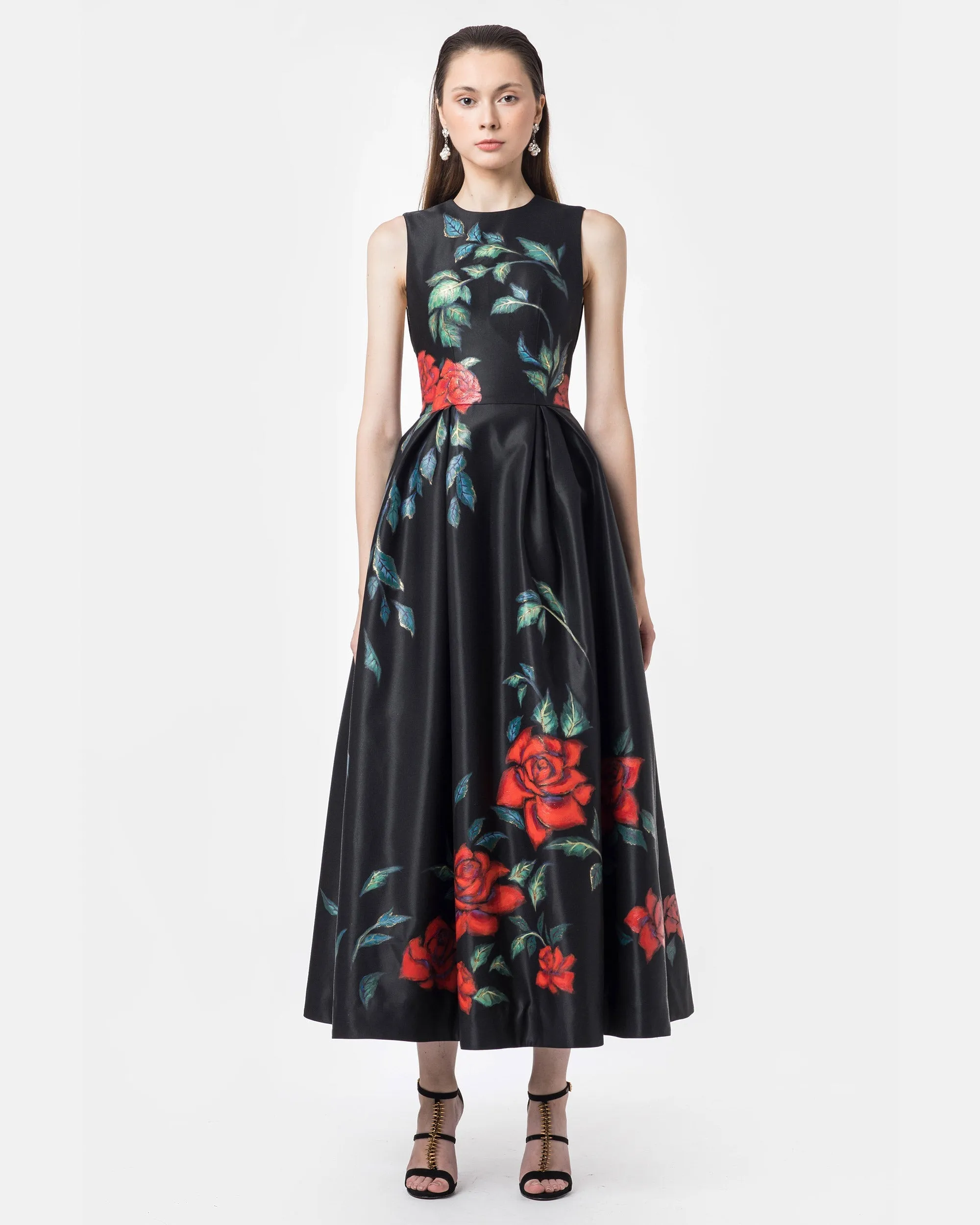 Rose Garden-painted  Sleeveless Black Gown Dress