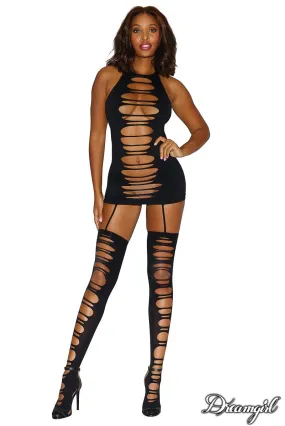 Seamless Dancer Dress with Slash Detail, Attached Garters & Thigh Highs