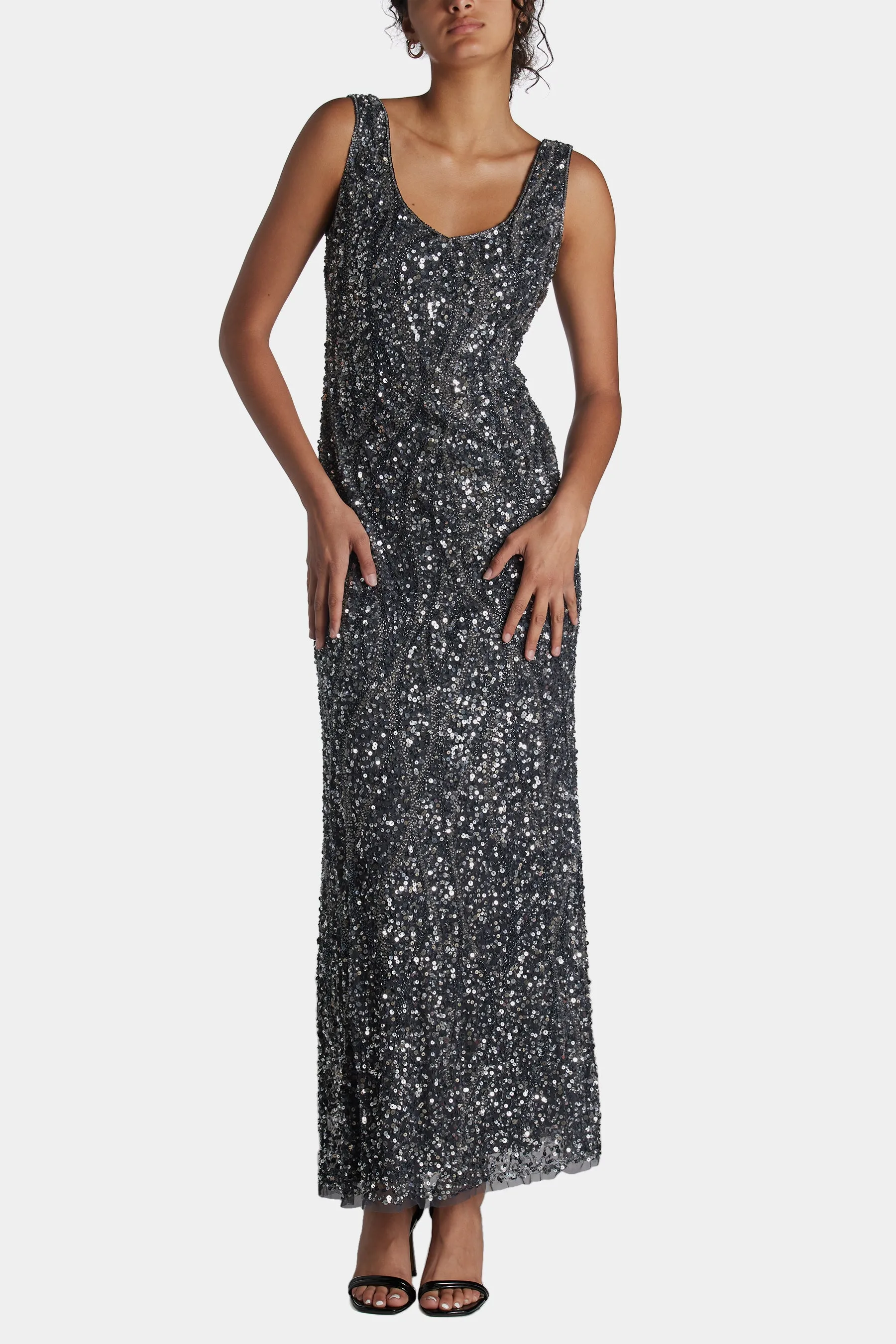 Sequin Bead Embellished Sleeveless Gown