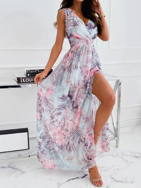 Sexy Women V-neck Floral Chiffon Dress Summer Backless Lace Up High Slit Long Dresses Sleeveless Beach Sundress Vacation Dress