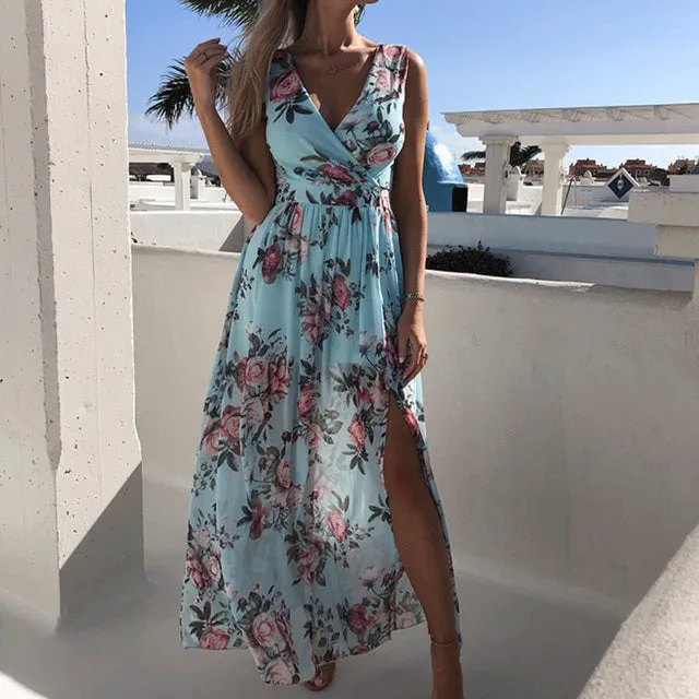 Sexy Women V-neck Floral Chiffon Dress Summer Backless Lace Up High Slit Long Dresses Sleeveless Beach Sundress Vacation Dress