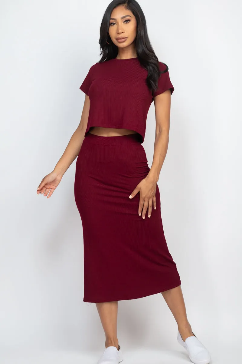 Short Sleeve Ribbed Top & Midi Skirt Set