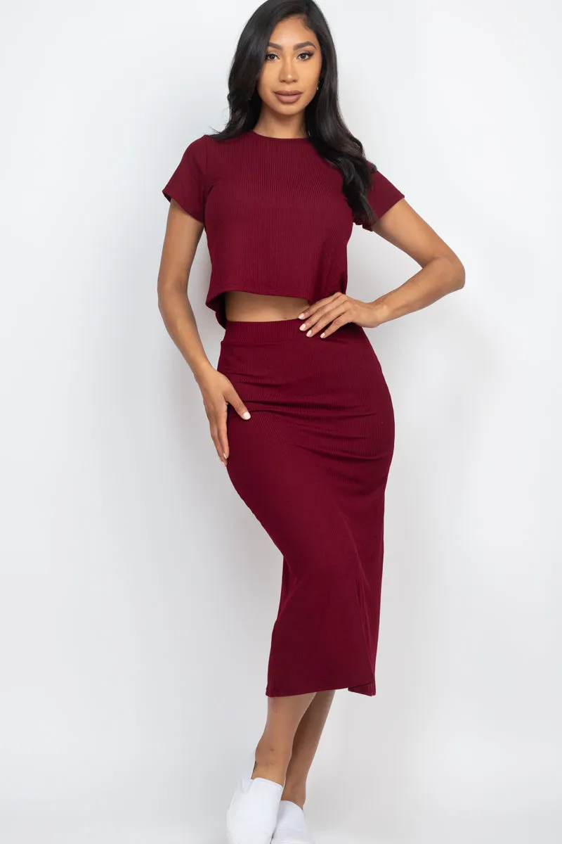 Short Sleeve Ribbed Top & Midi Skirt Set