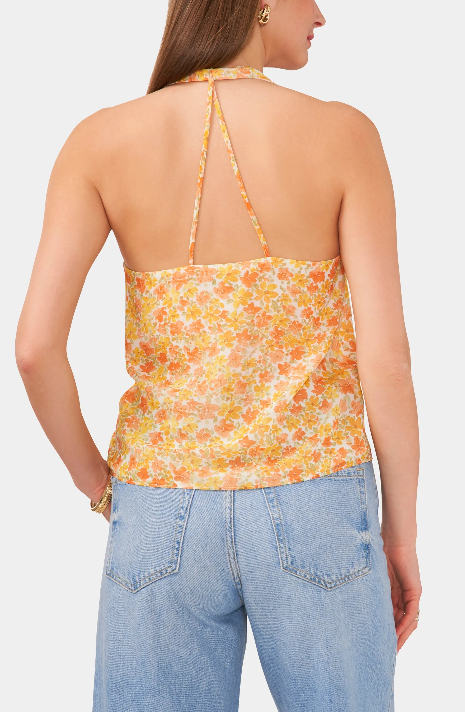 Sleeveless Floral Halter V-Neck Top