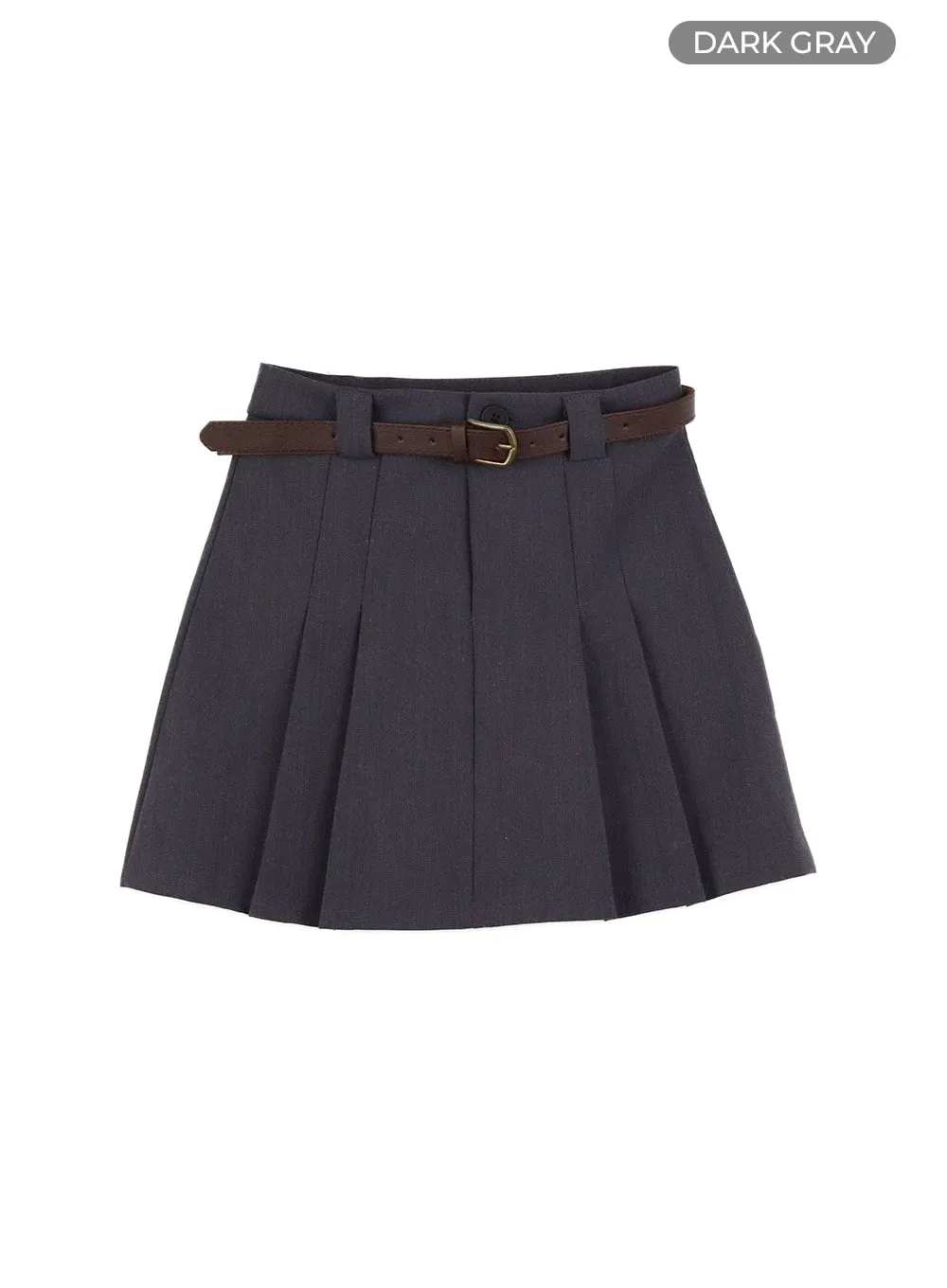 Solid Pleated Mini Skirt with Belt Strap OM419