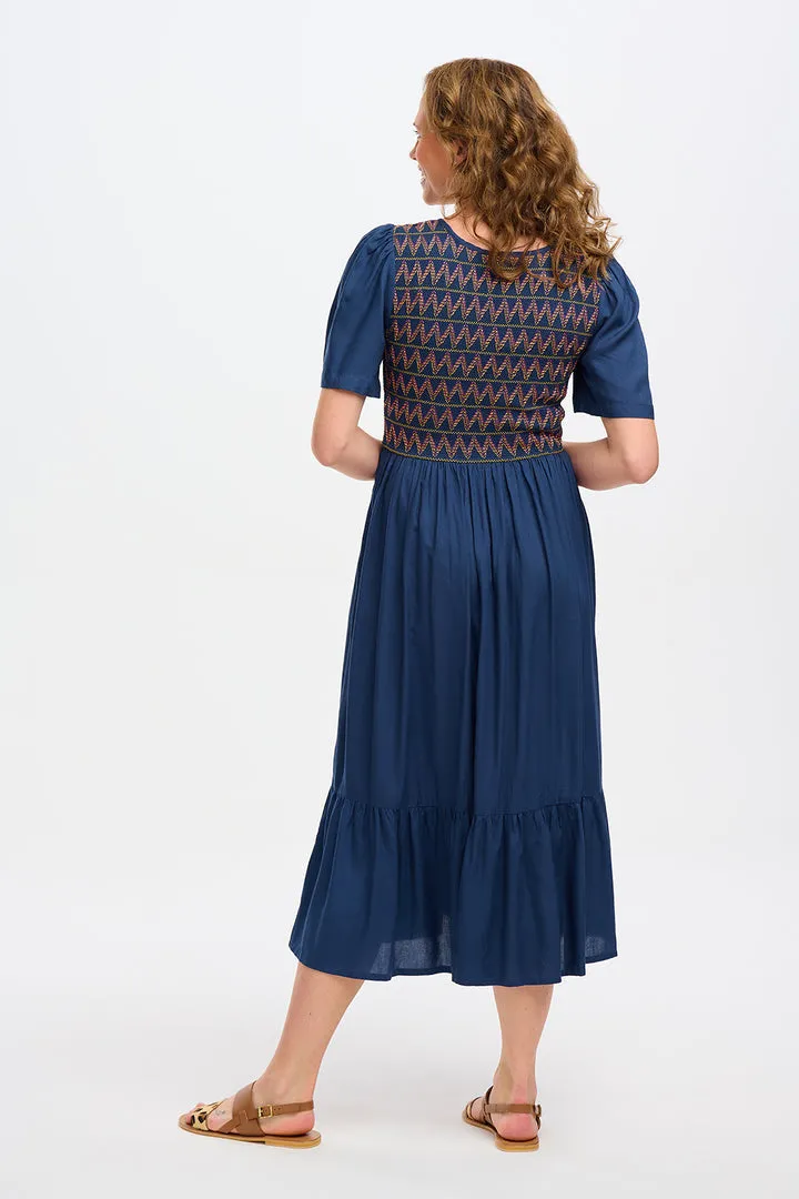 Sugarhill Brighton Brielle Washed Navy Zigzag Shirring Midi Shirred Dress